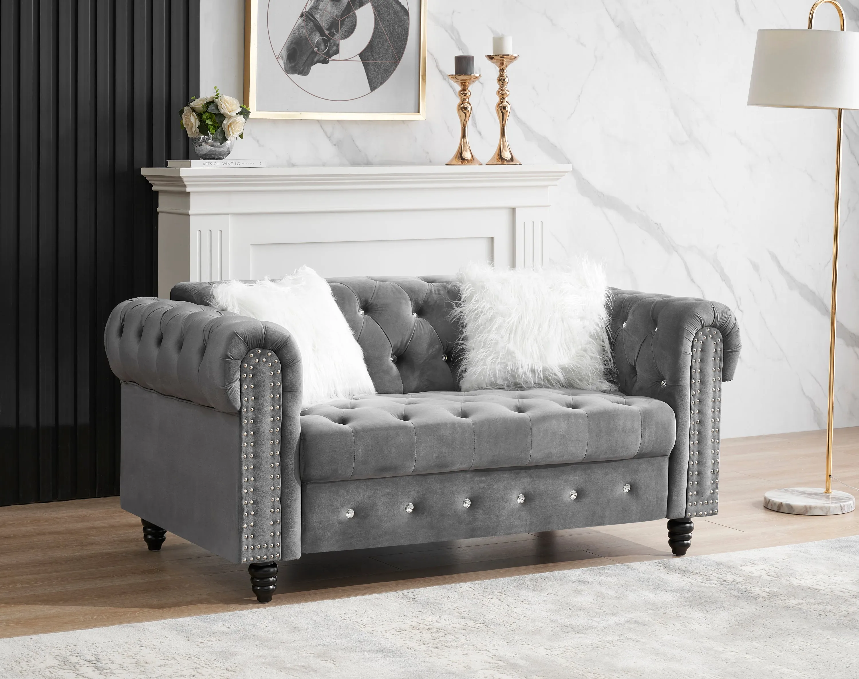 2 3 Grey Velvet Sofa Roll Arm Chesterfield Classic Sofa including 2 pillows in white