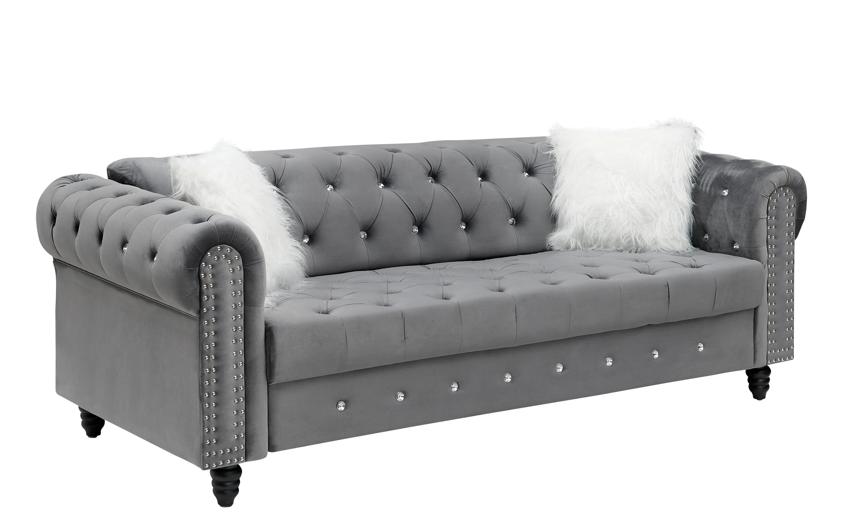 2 3 Grey Velvet Sofa Roll Arm Chesterfield Classic Sofa including 2 pillows in white