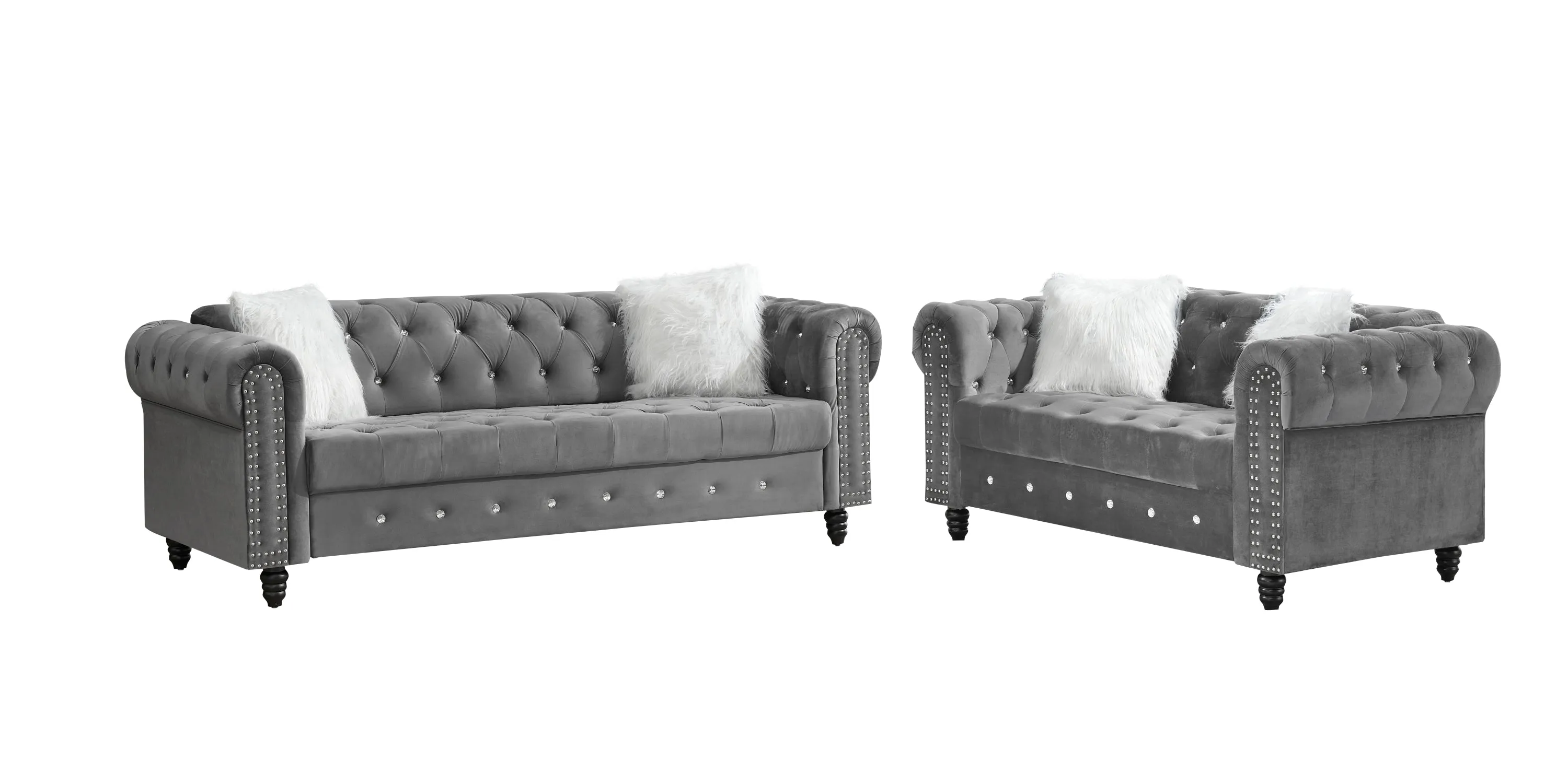 2 3 Grey Velvet Sofa Roll Arm Chesterfield Classic Sofa including 2 pillows in white
