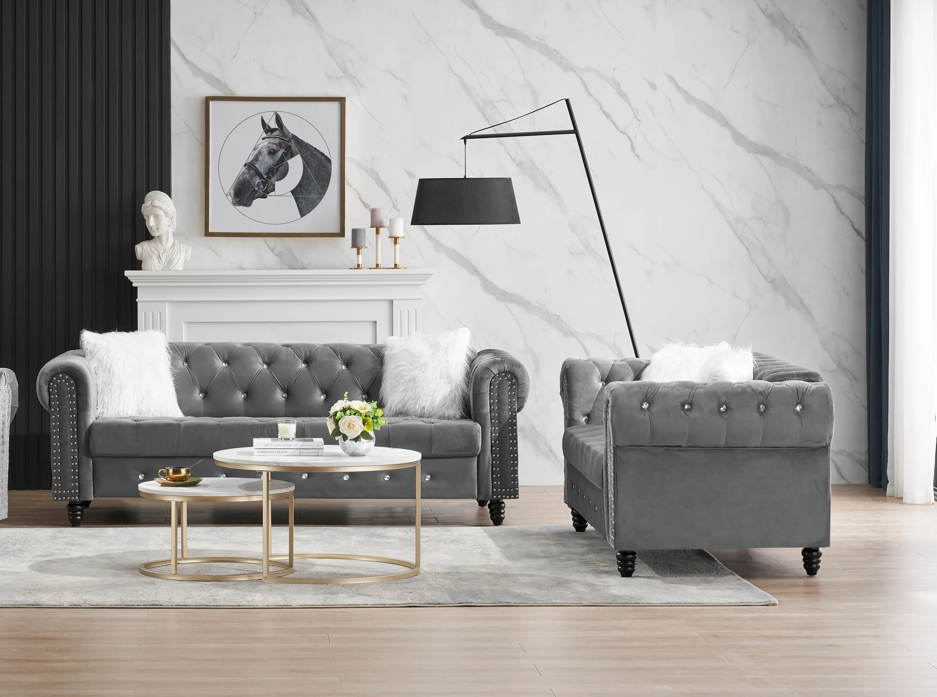 2 3 Grey Velvet Sofa Roll Arm Chesterfield Classic Sofa including 2 pillows in white
