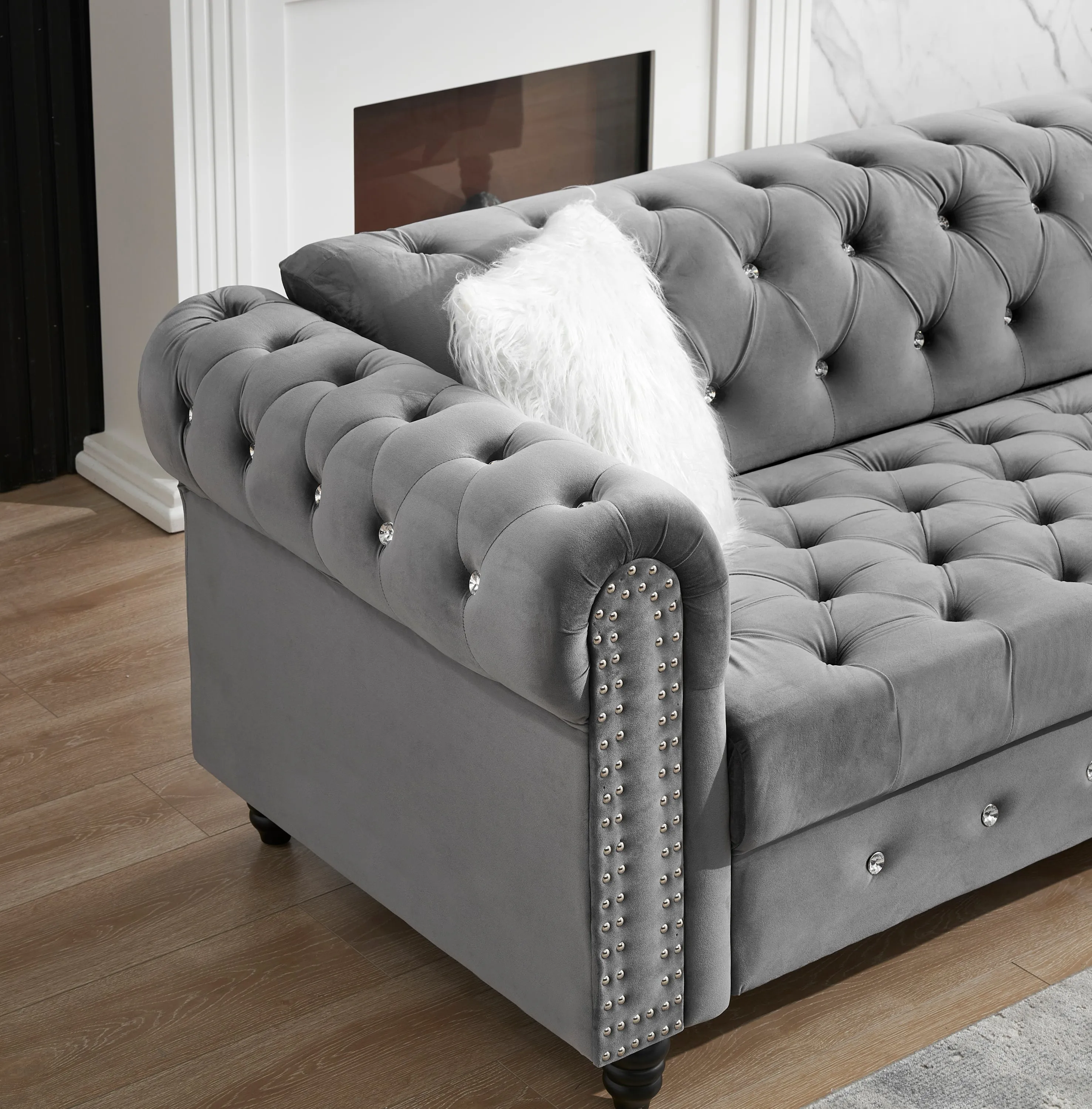 2 3 Grey Velvet Sofa Roll Arm Chesterfield Classic Sofa including 2 pillows in white
