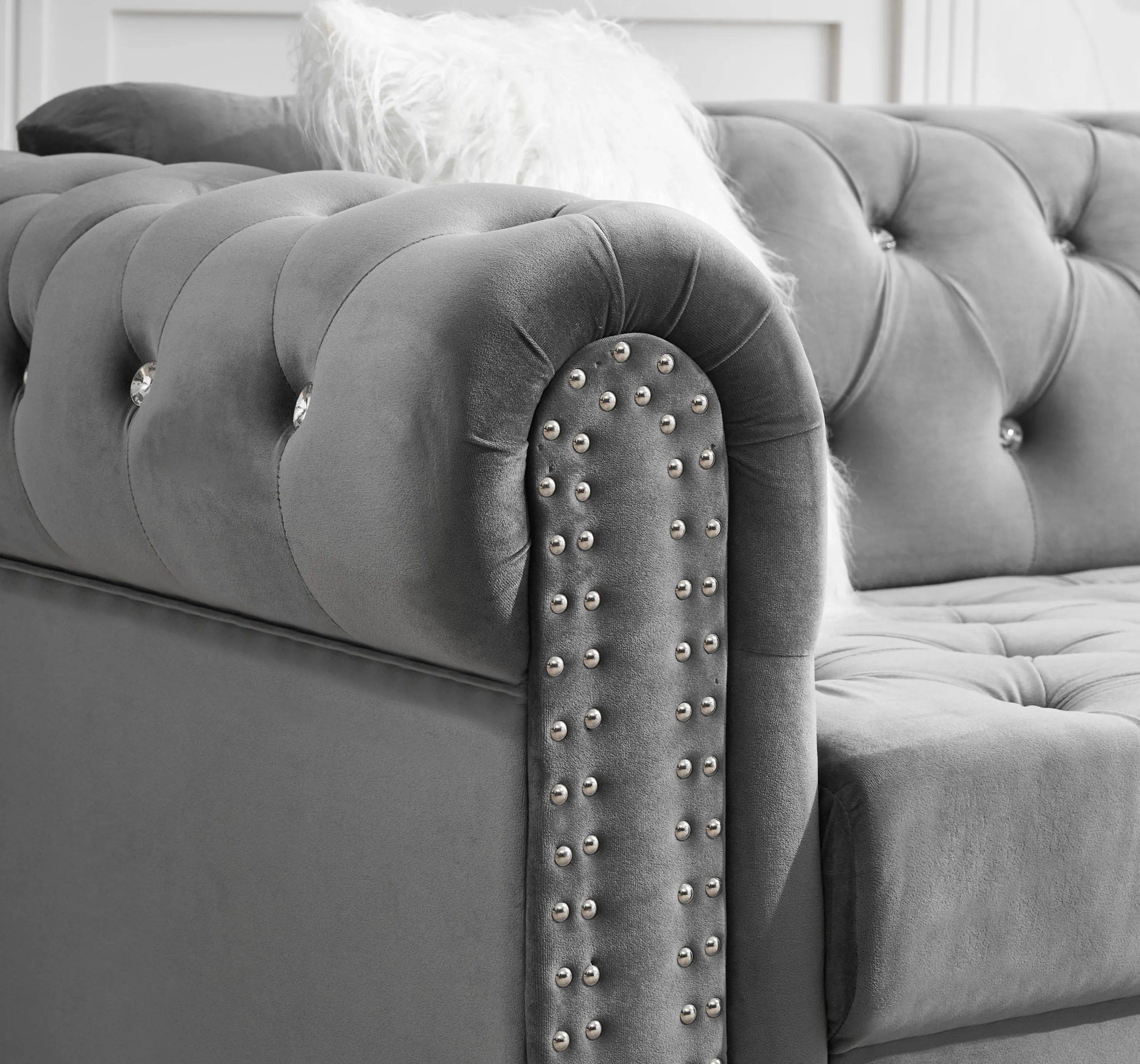 2 3 Grey Velvet Sofa Roll Arm Chesterfield Classic Sofa including 2 pillows in white