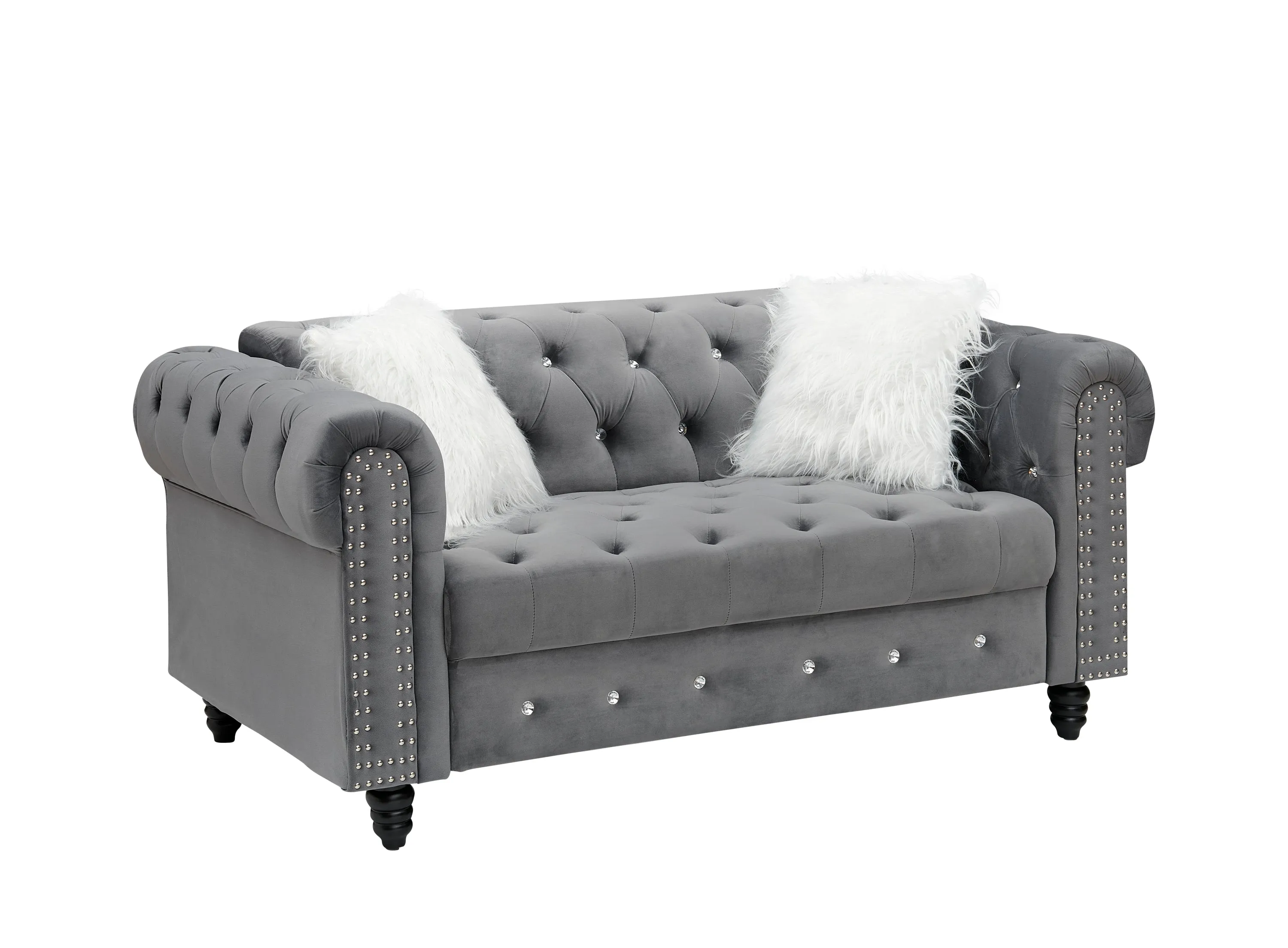 2 3 Grey Velvet Sofa Roll Arm Chesterfield Classic Sofa including 2 pillows in white