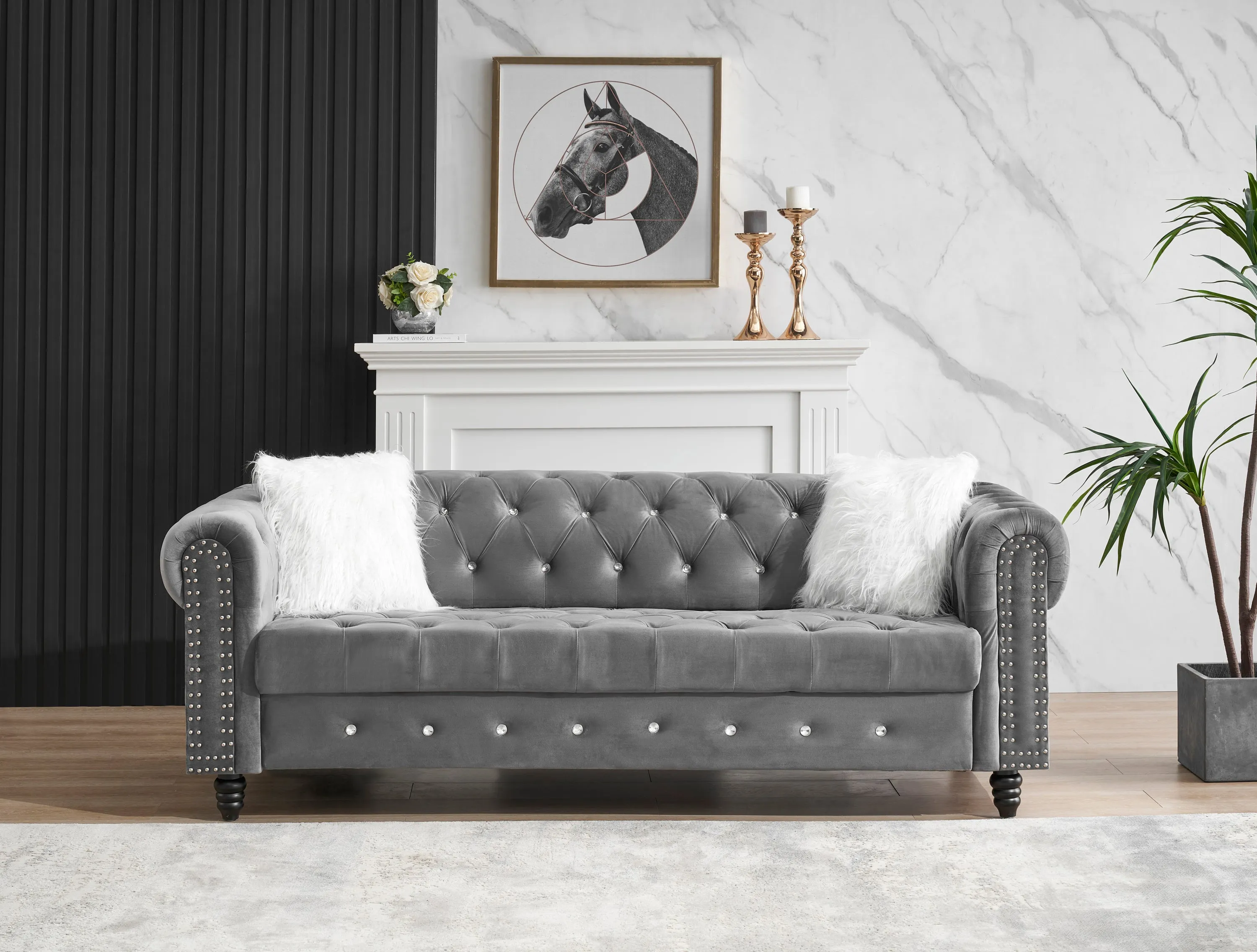 2 3 Grey Velvet Sofa Roll Arm Chesterfield Classic Sofa including 2 pillows in white
