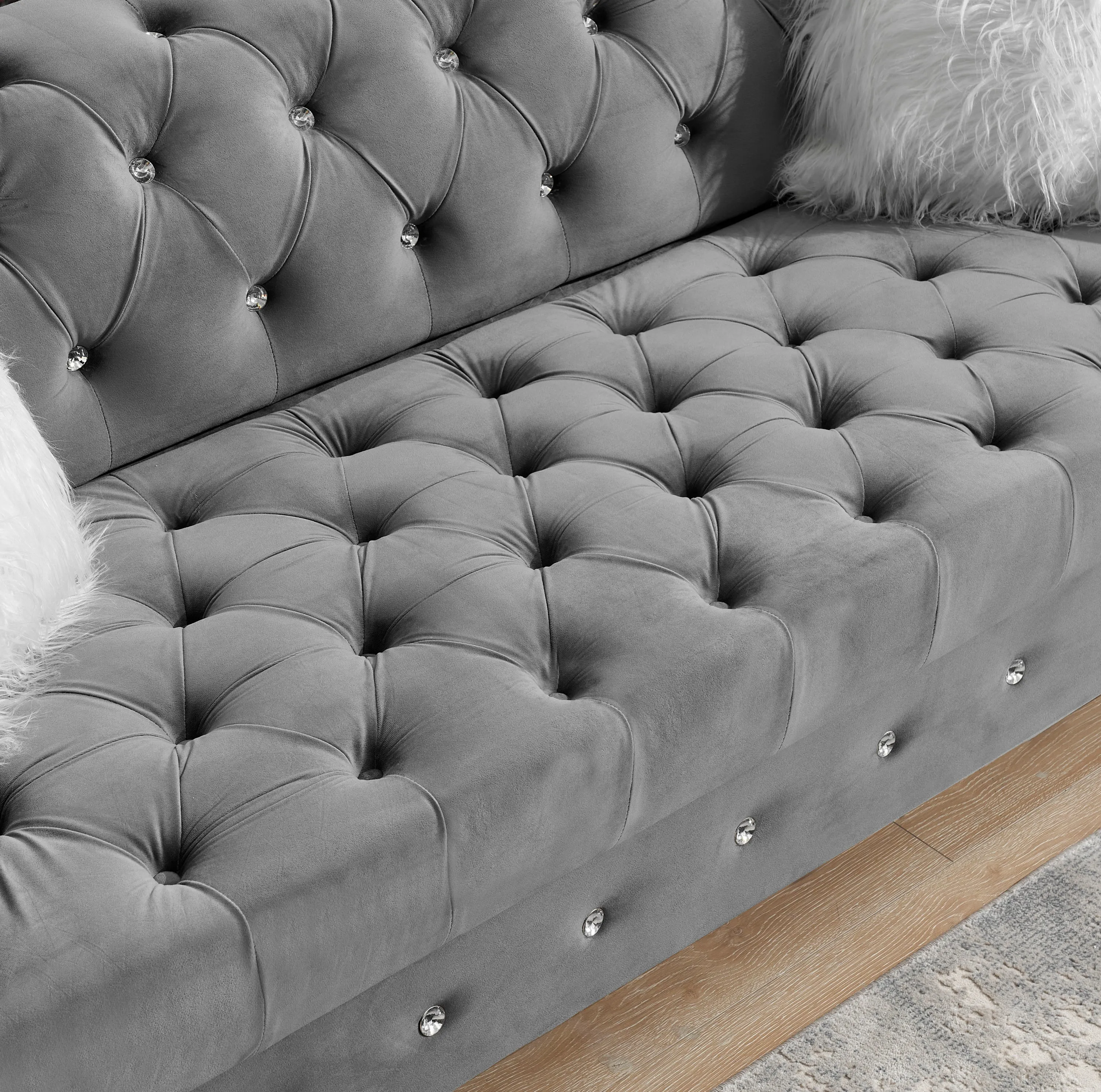 2 3 Grey Velvet Sofa Roll Arm Chesterfield Classic Sofa including 2 pillows in white