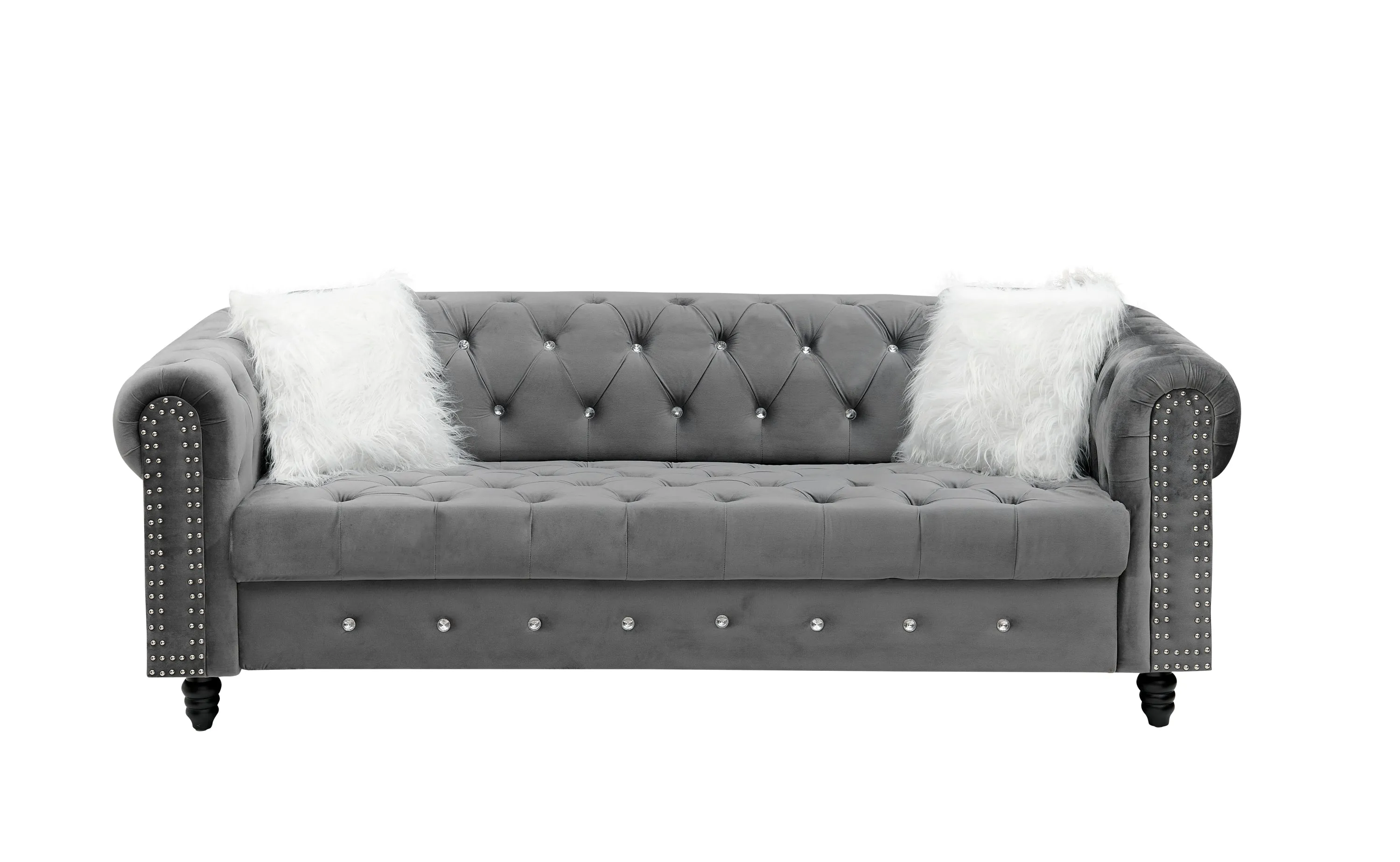 2 3 Grey Velvet Sofa Roll Arm Chesterfield Classic Sofa including 2 pillows in white