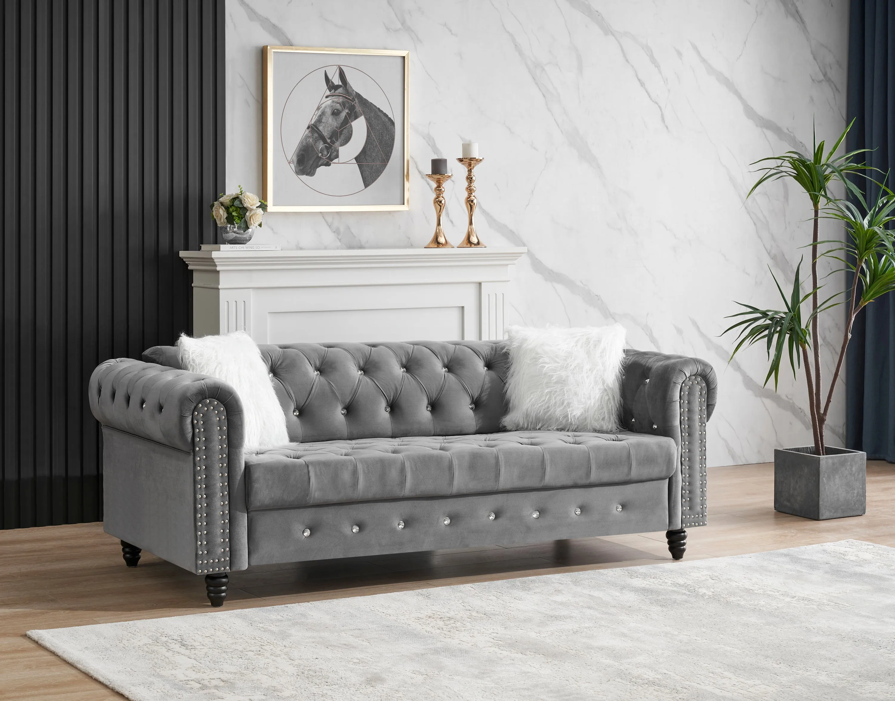 2 3 Grey Velvet Sofa Roll Arm Chesterfield Classic Sofa including 2 pillows in white