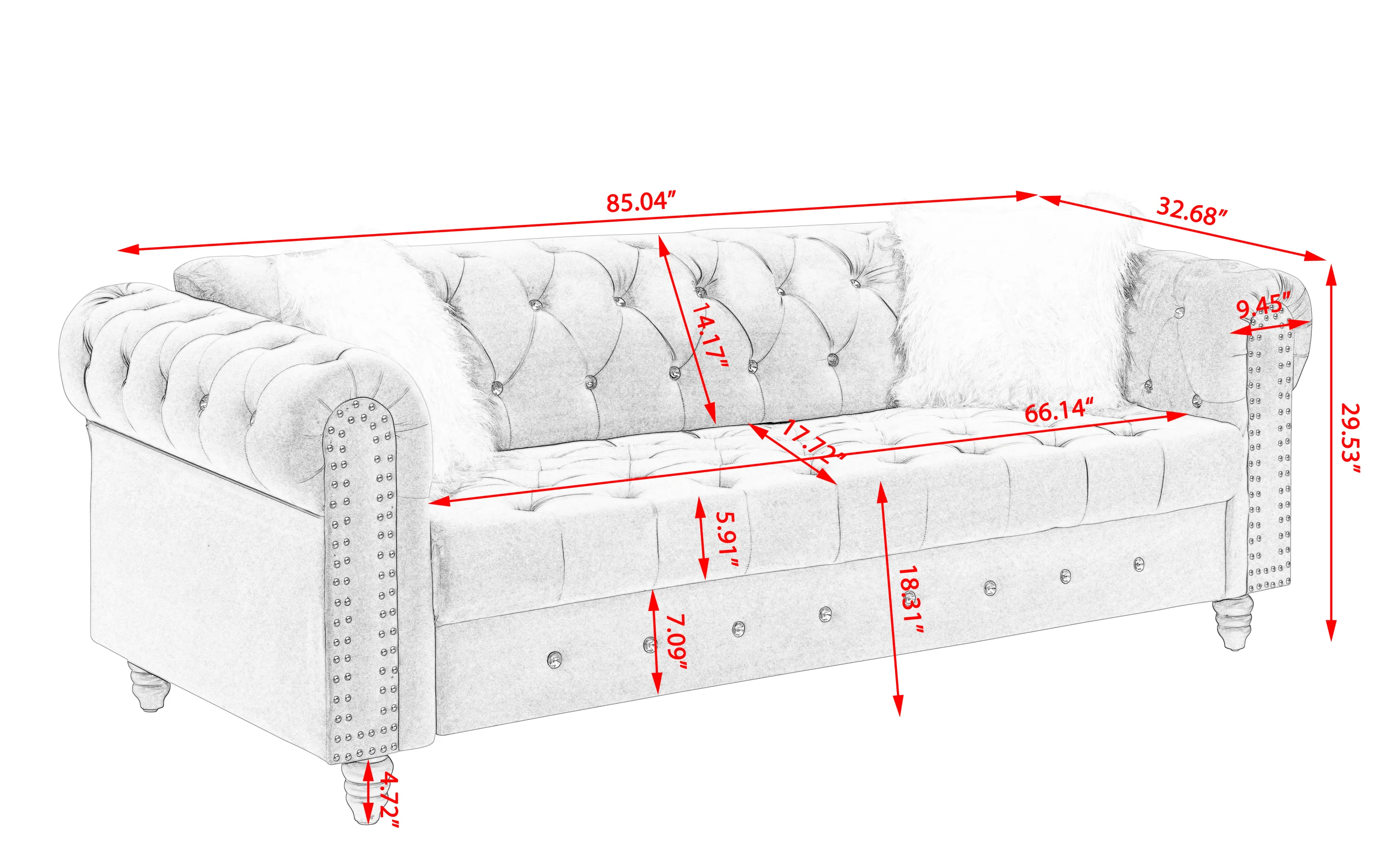 2 3 Grey Velvet Sofa Roll Arm Chesterfield Classic Sofa including 2 pillows in white