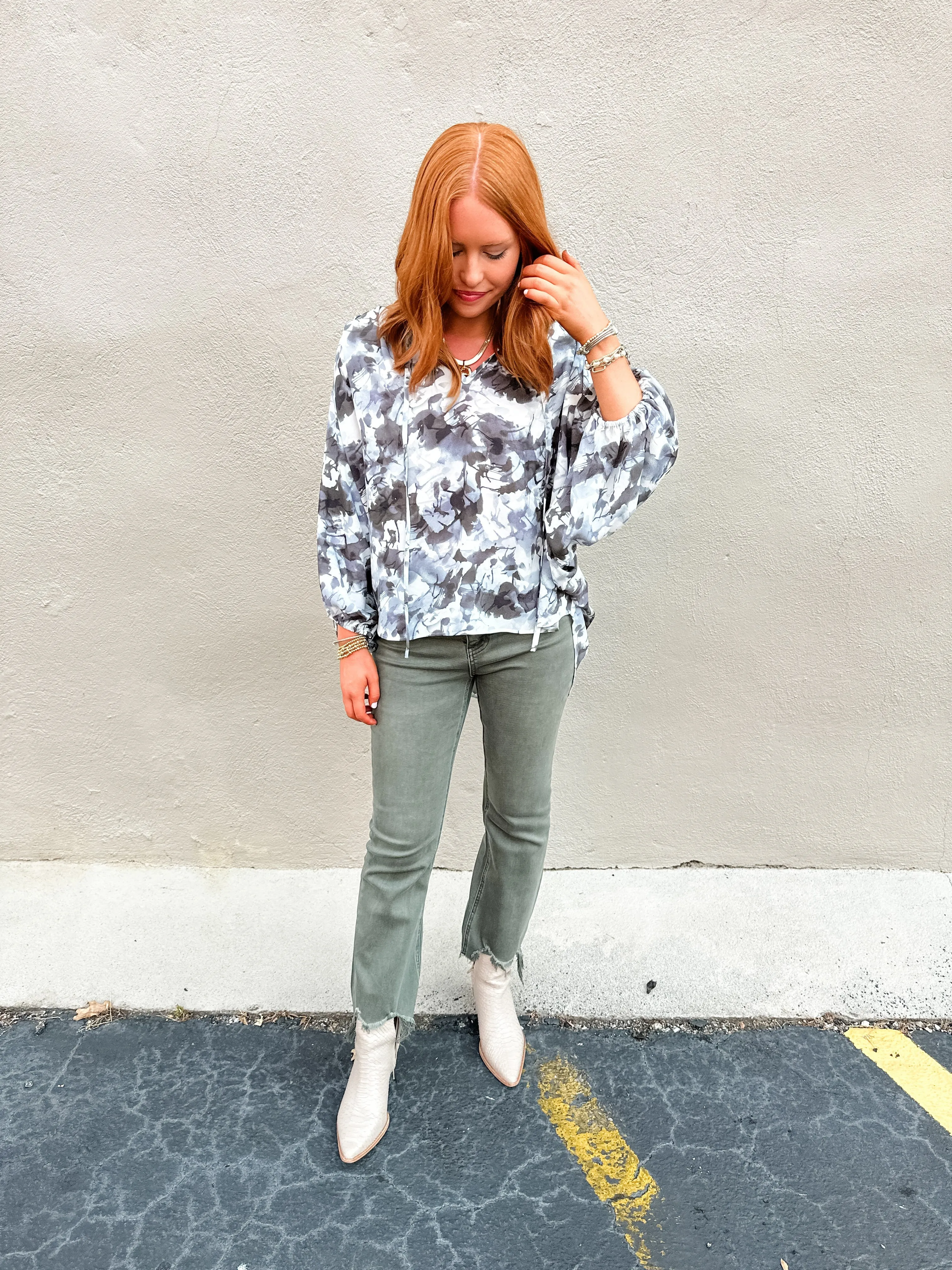 Abstract Print Tie Neck Top