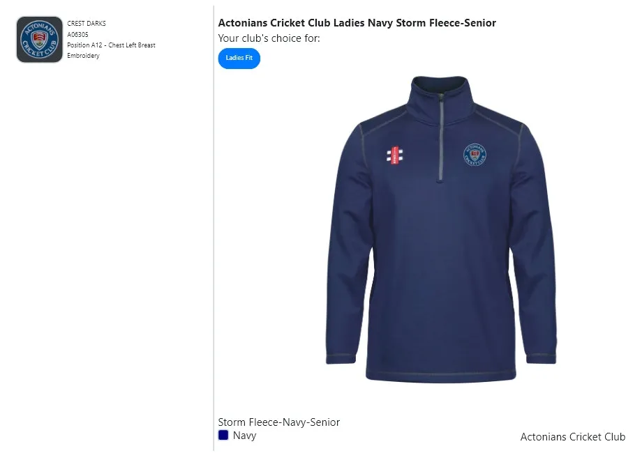 Actonians Cricket Club Ladies Navy Storm Fleece-Senior