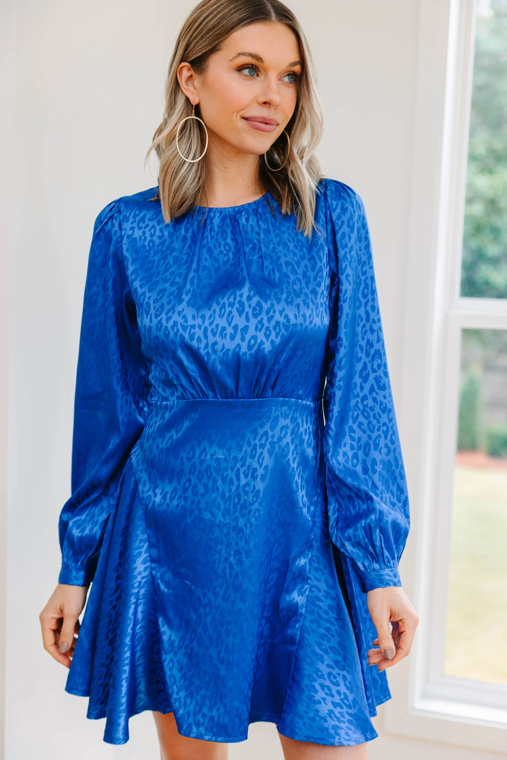 Add You To The List Royal Blue Satin Leopard Dress
