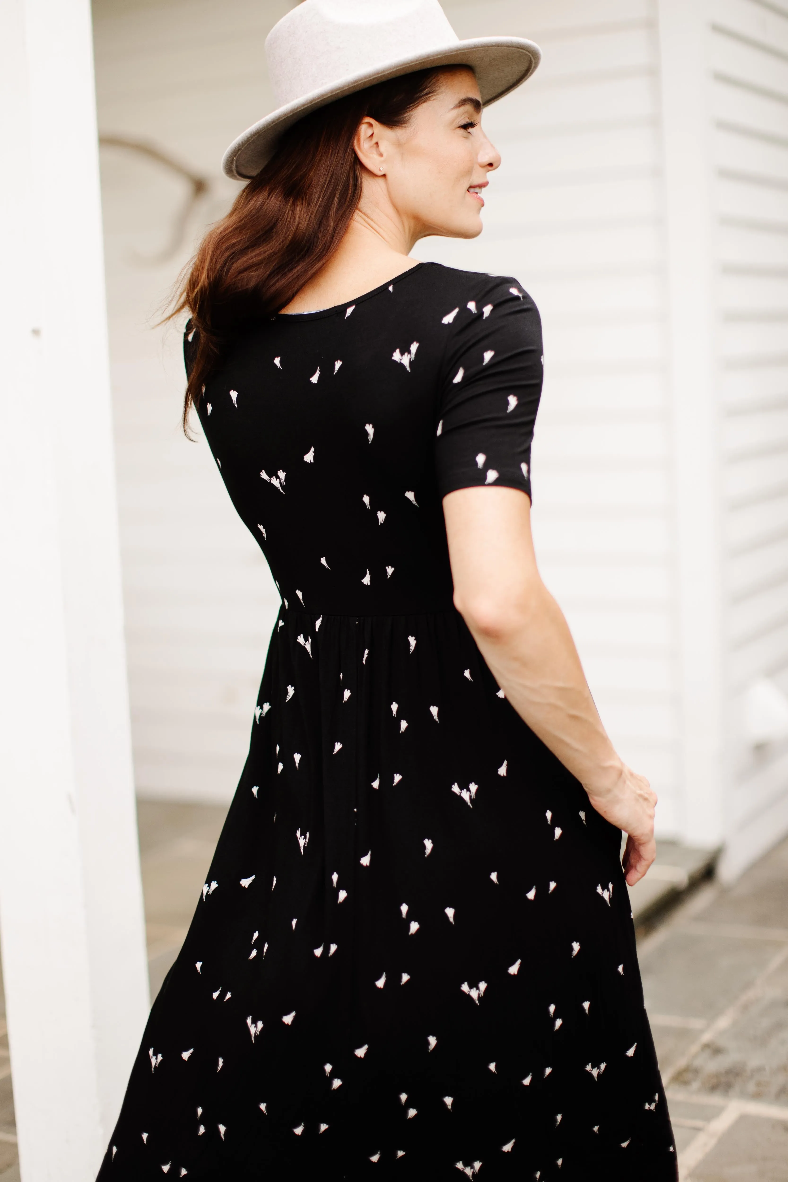 'Annie' Bamboo Blend Midi Dress in Black Abstract Print FINAL SALE