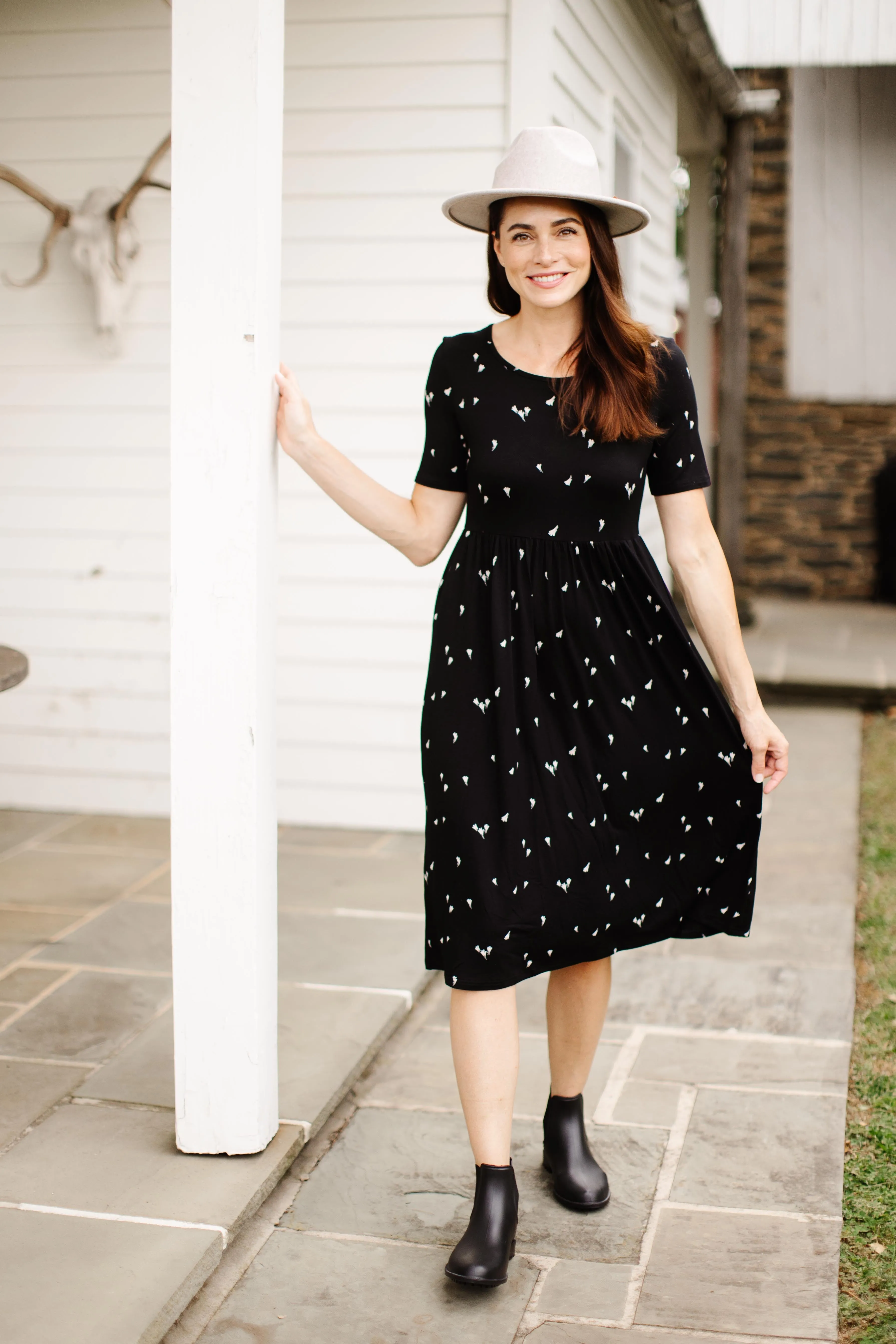 'Annie' Bamboo Blend Midi Dress in Black Abstract Print FINAL SALE