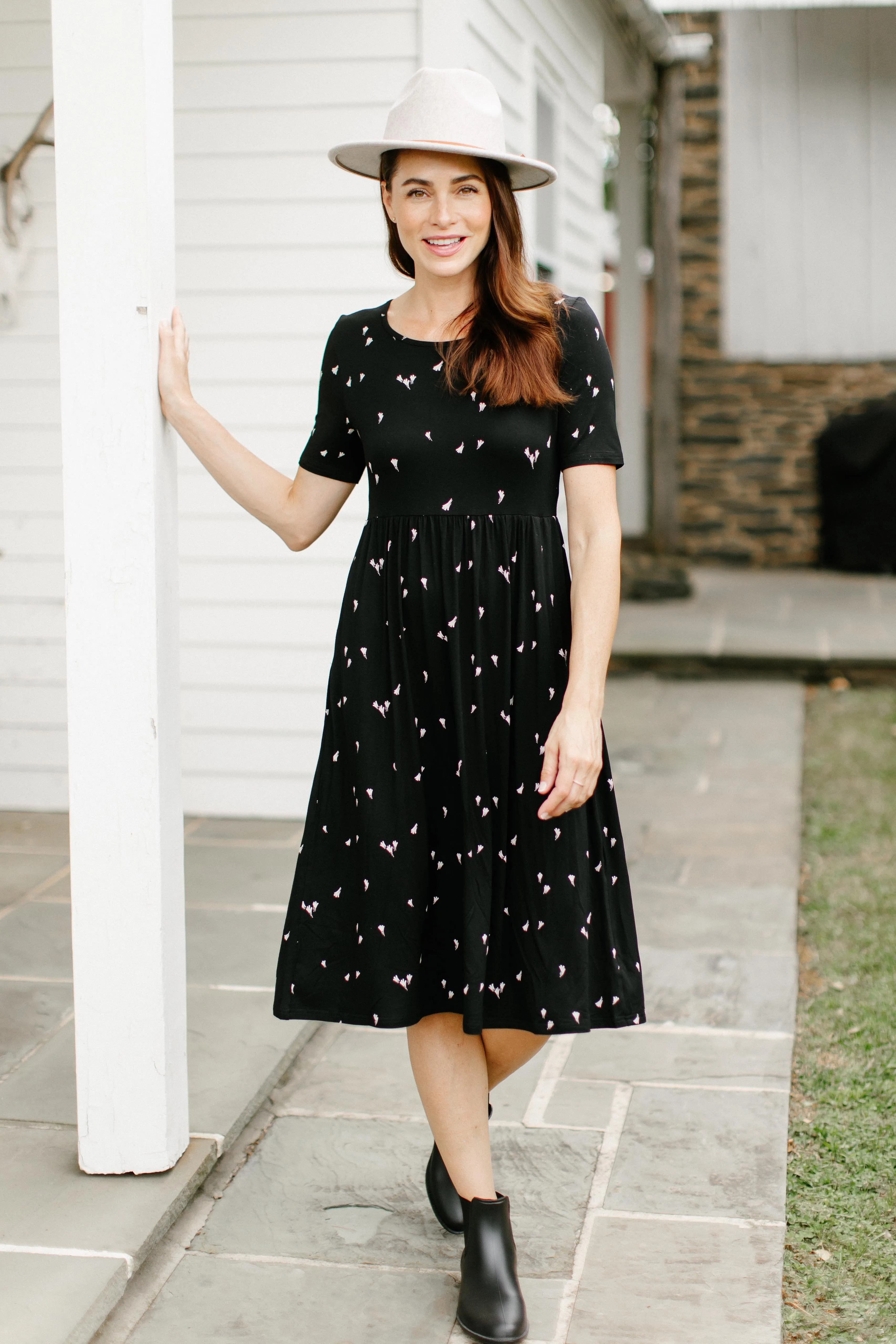 'Annie' Bamboo Blend Midi Dress in Black Abstract Print FINAL SALE