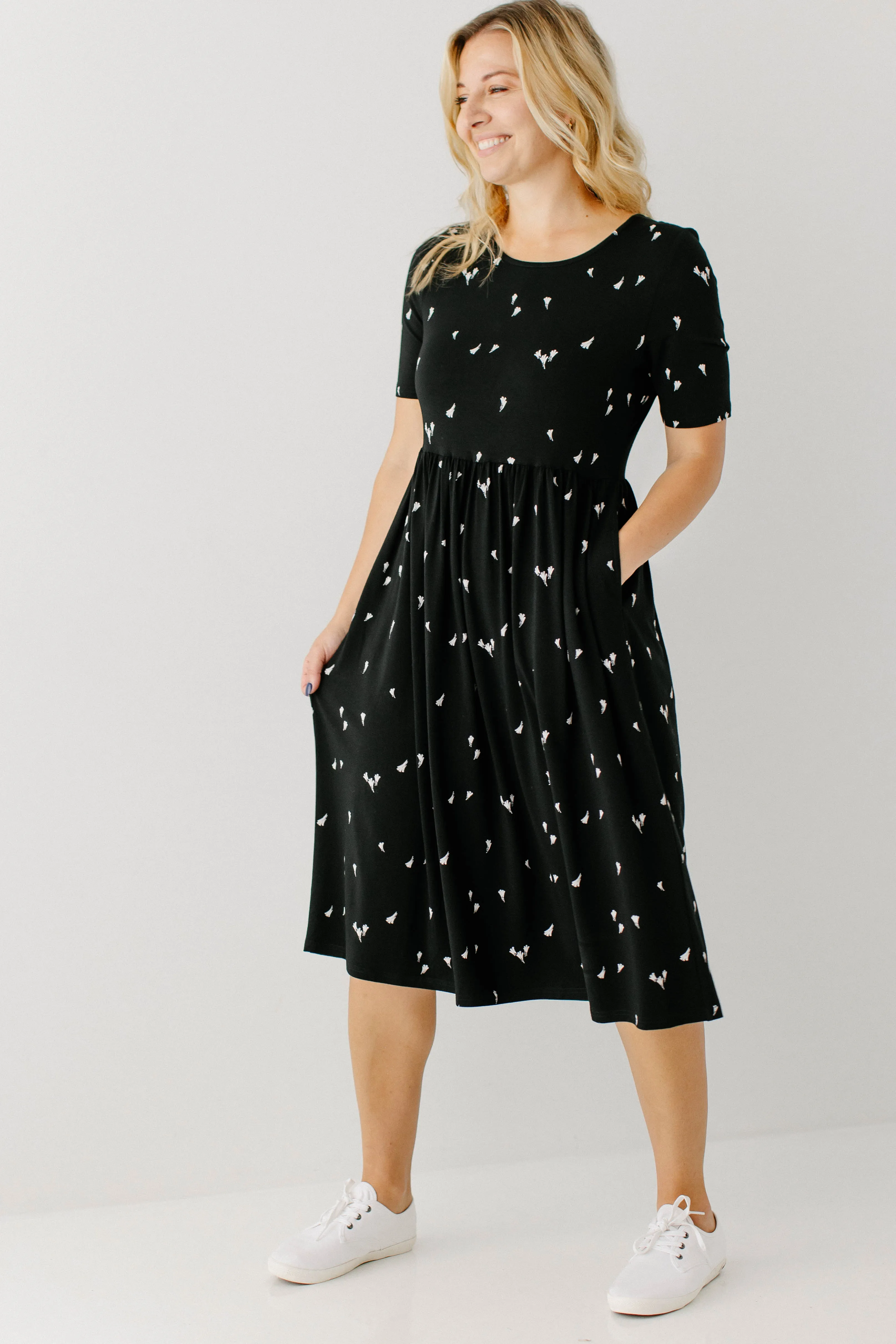 'Annie' Bamboo Blend Midi Dress in Black Abstract Print FINAL SALE