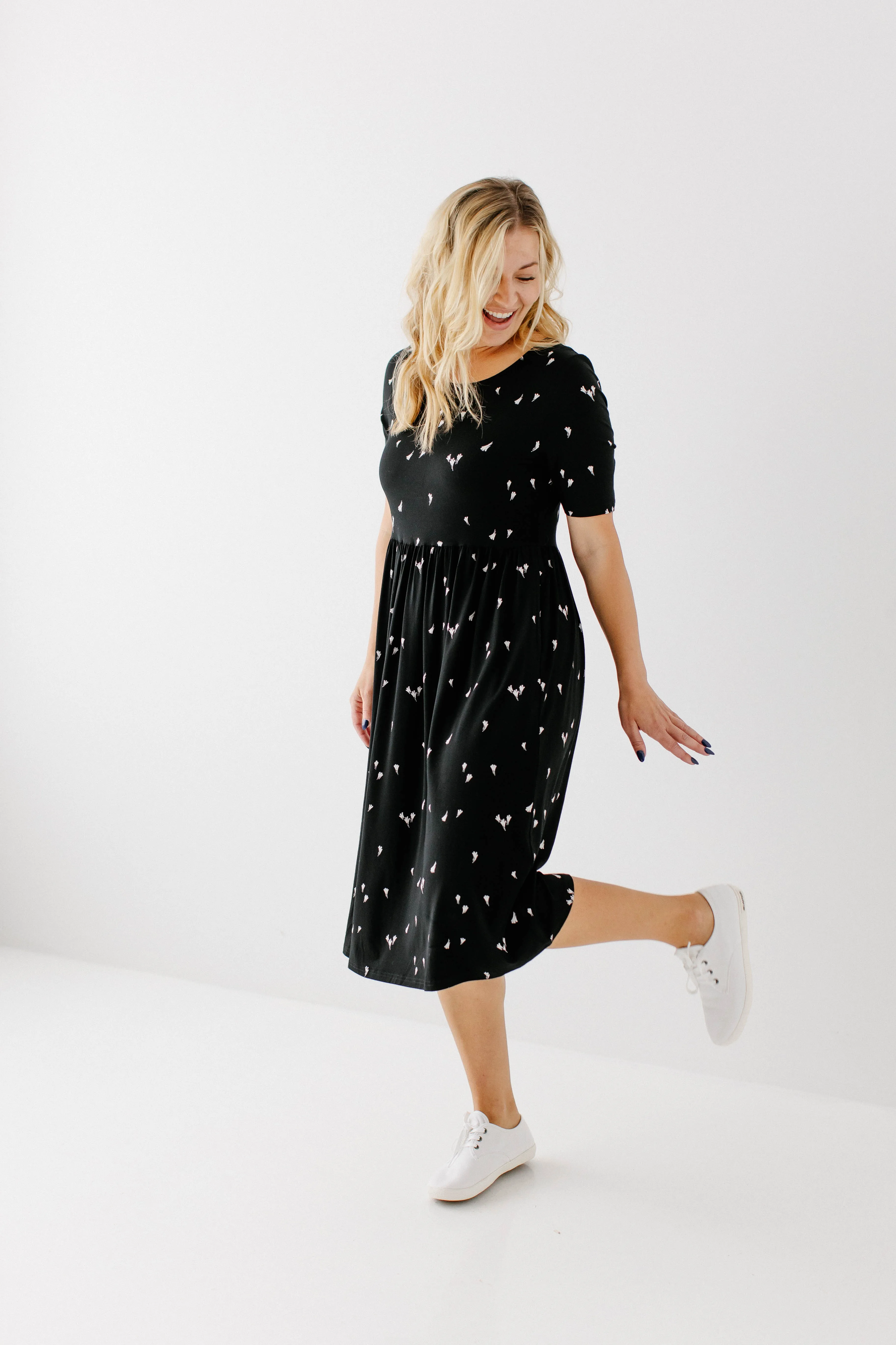 'Annie' Bamboo Blend Midi Dress in Black Abstract Print FINAL SALE