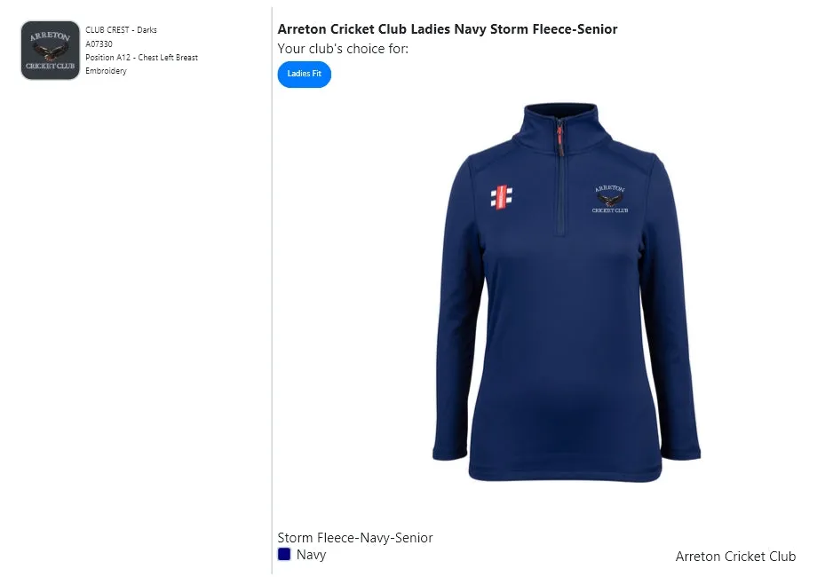 Arreton Cricket Club Ladies Navy Storm Fleece-Senior
