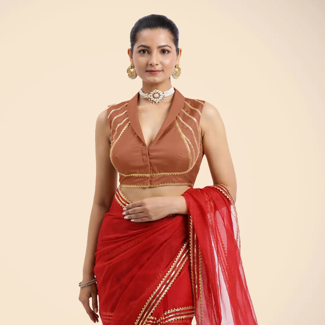 Avni x Tyohaar | Metallic Copper Sleeveless FlexiFit™ Saree Blouse with Elegant Shawl Collar with Golden Gota Lace Embellishment
