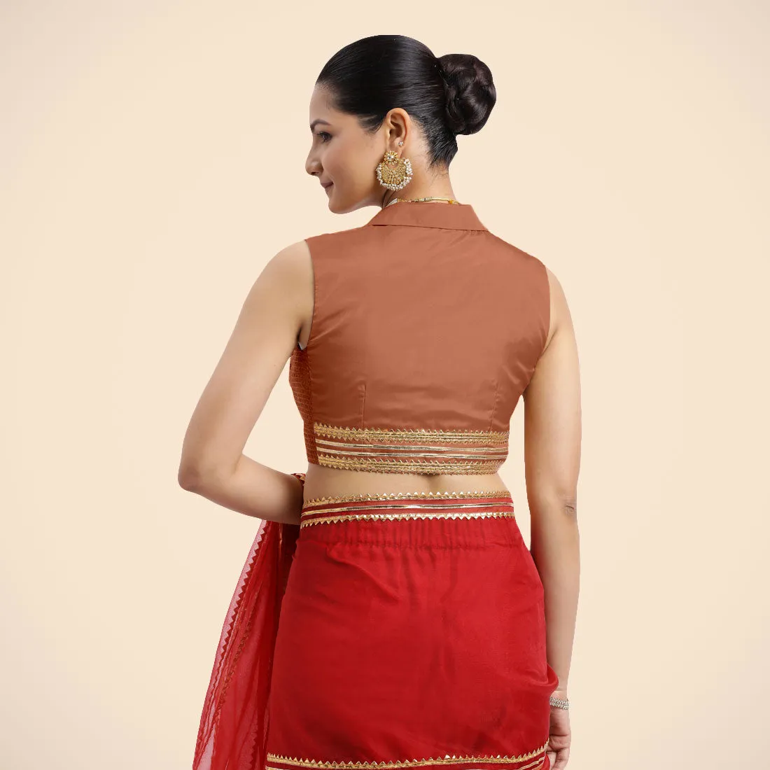 Avni x Tyohaar | Metallic Copper Sleeveless FlexiFit™ Saree Blouse with Elegant Shawl Collar with Golden Gota Lace Embellishment