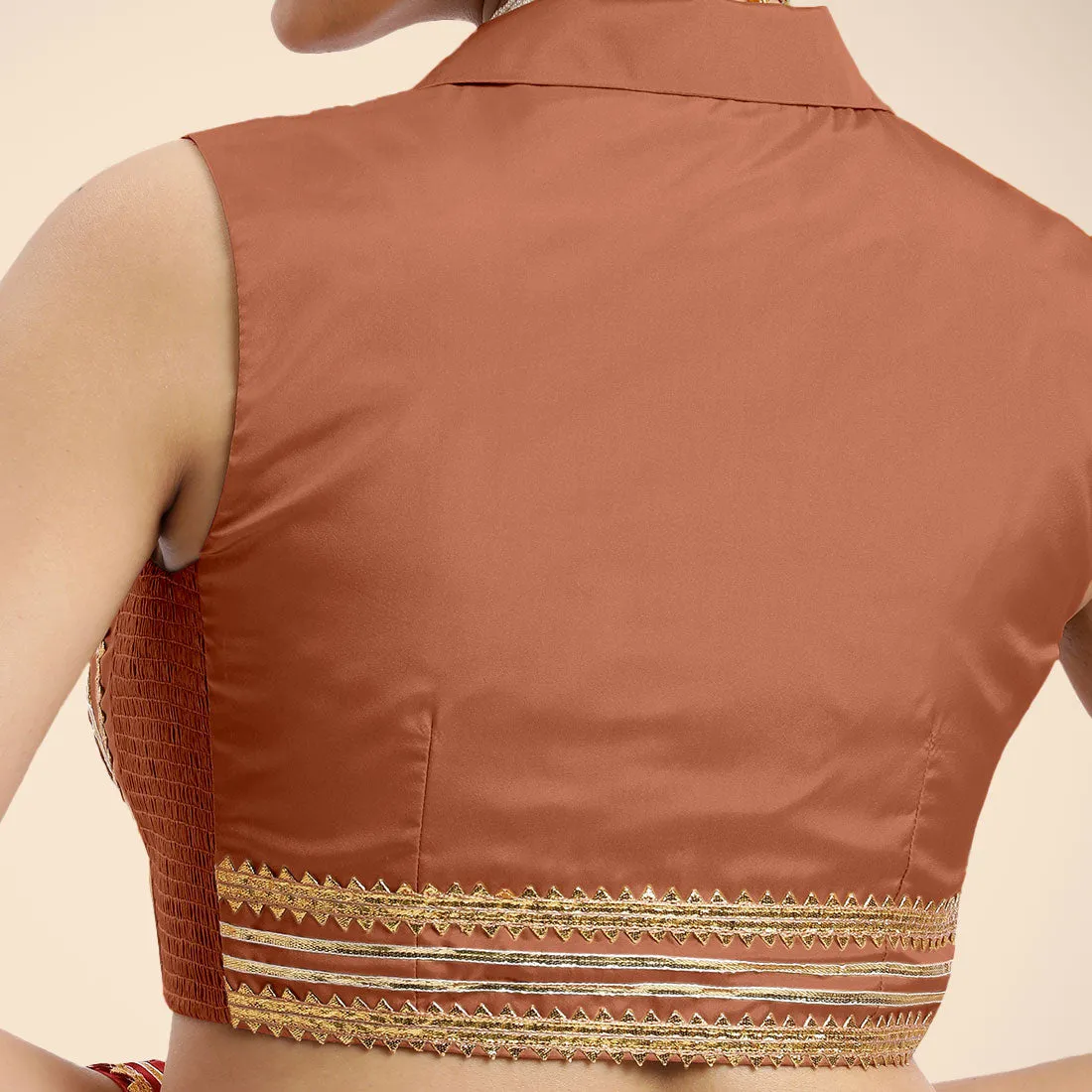 Avni x Tyohaar | Metallic Copper Sleeveless FlexiFit™ Saree Blouse with Elegant Shawl Collar with Golden Gota Lace Embellishment