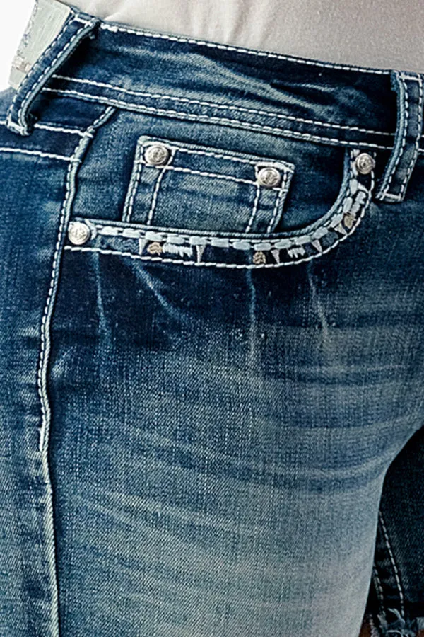 Aztec Embroidery Mid Rise Jean Shorts