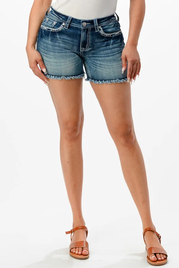 Aztec Embroidery Mid Rise Jean Shorts
