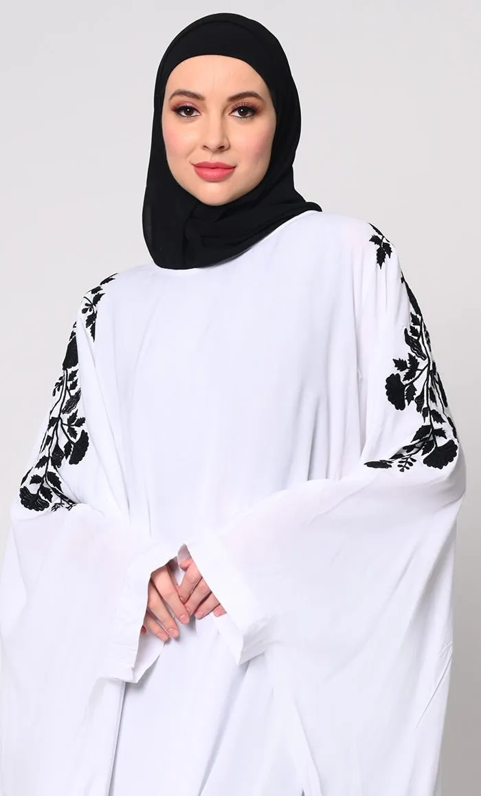 Beautiful Floral Embroiderd White Kaftan with Pockets