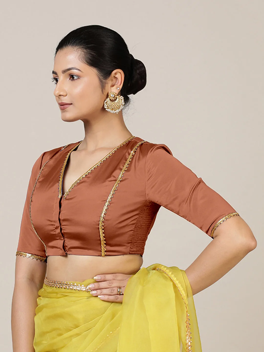 Begum x Tyohaar | Elbow Sleeves Saree Blouse in Metallic Copper