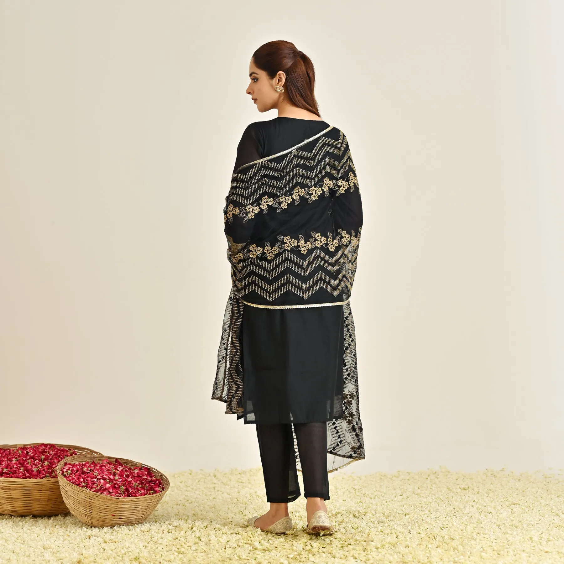 Black Festive Embroidered Kurta Set with Embroidered Dupatta & Yoke Detail