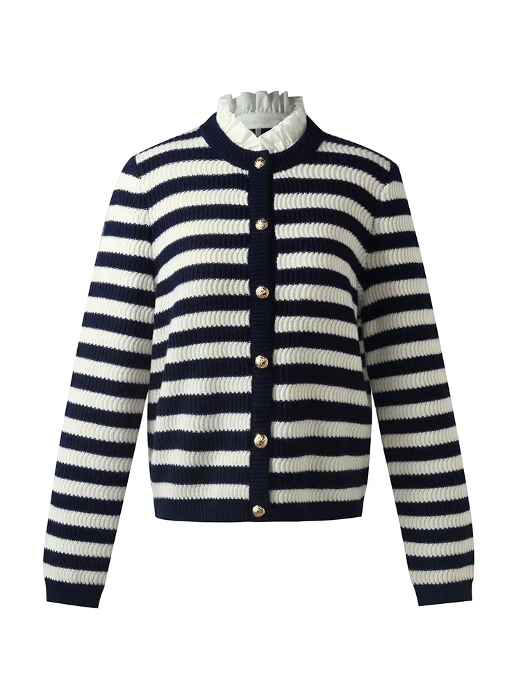 Blue And White Stripe Women Cardigan With Detachable Ruffle Collar