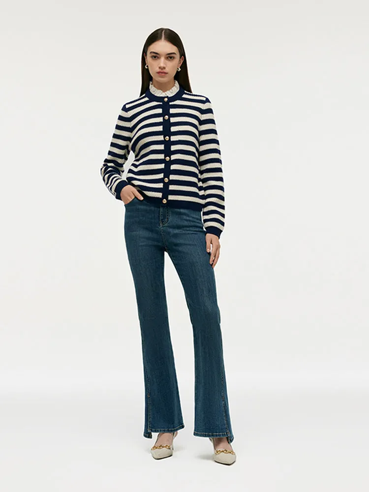 Blue And White Stripe Women Cardigan With Detachable Ruffle Collar