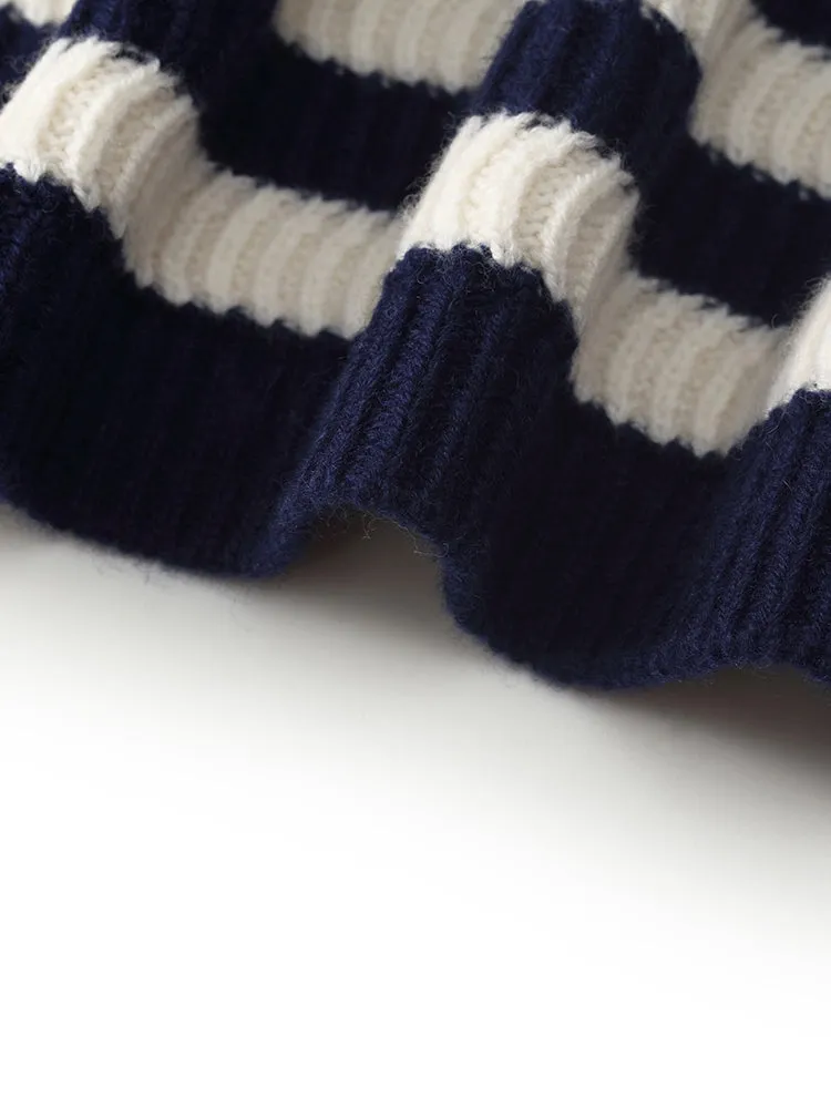 Blue And White Stripe Women Cardigan With Detachable Ruffle Collar