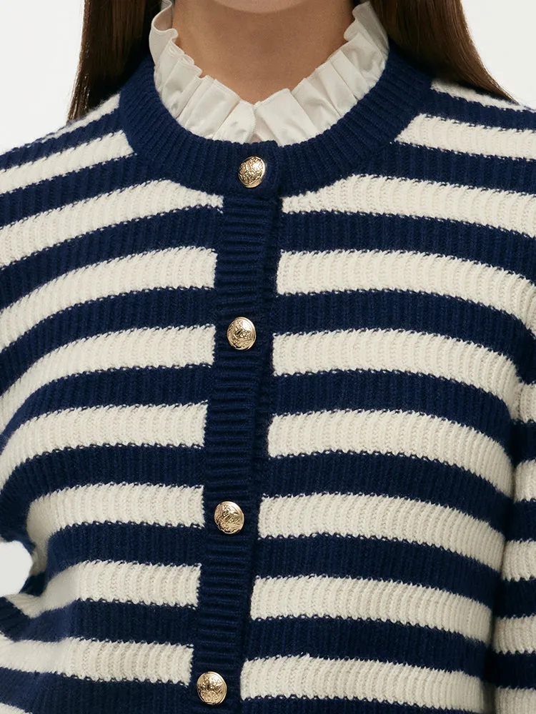 Blue And White Stripe Women Cardigan With Detachable Ruffle Collar
