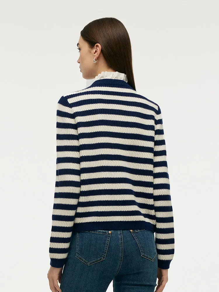 Blue And White Stripe Women Cardigan With Detachable Ruffle Collar