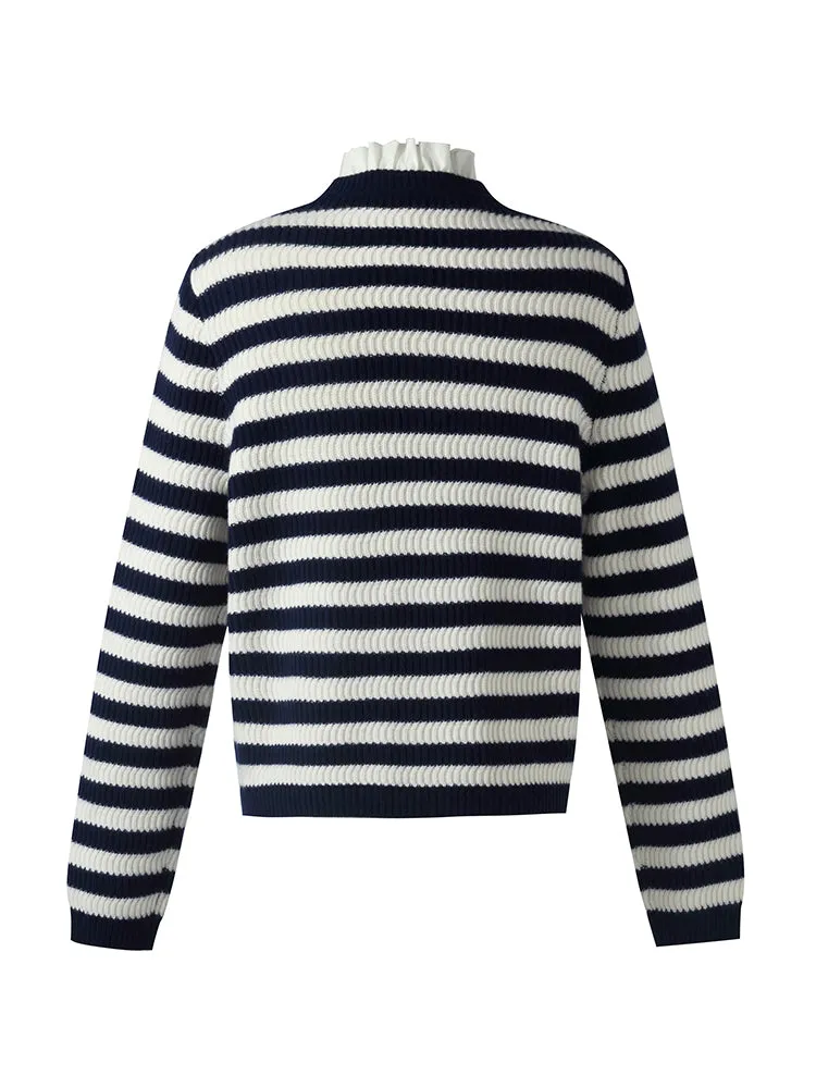 Blue And White Stripe Women Cardigan With Detachable Ruffle Collar