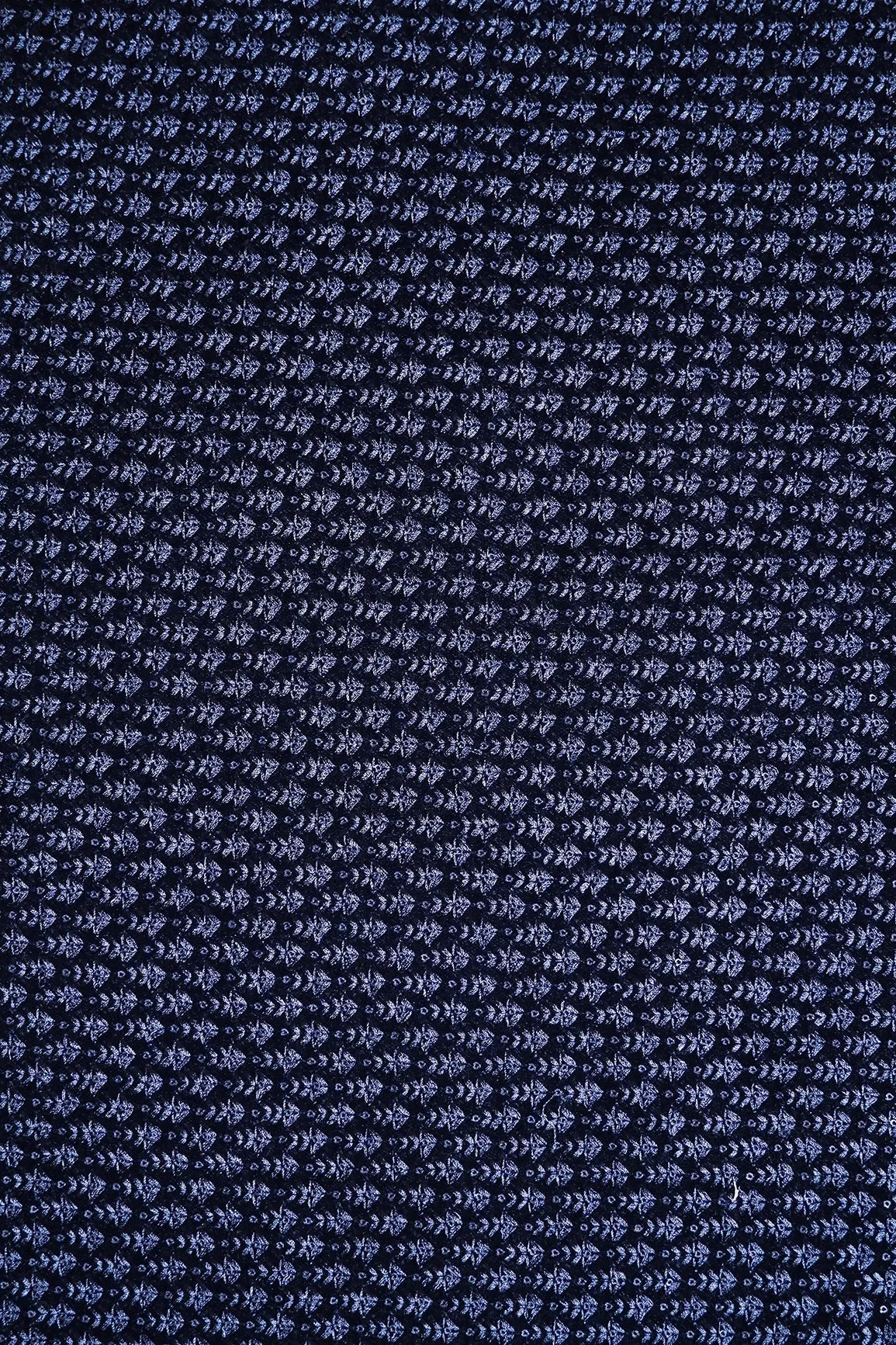 Blue Thread With Sequins Small Floral Embroidery Work On Navy Blue Velvet Fabric
