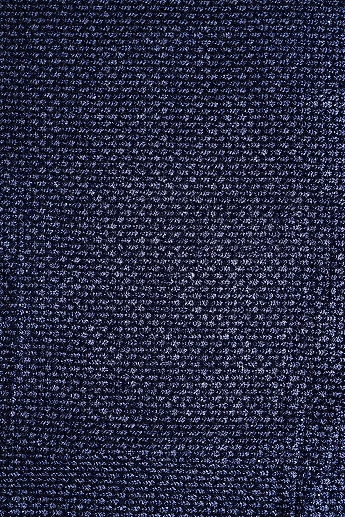 Blue Thread With Sequins Small Floral Embroidery Work On Navy Blue Velvet Fabric