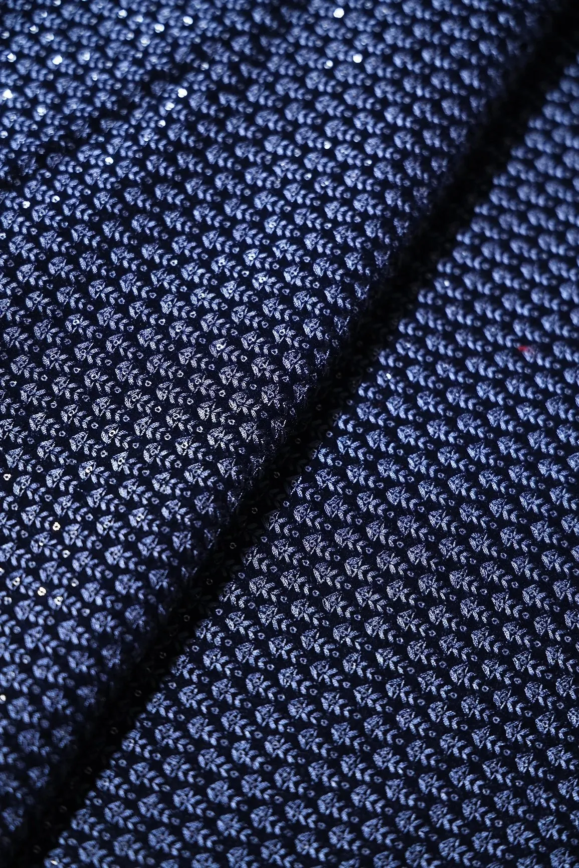 Blue Thread With Sequins Small Floral Embroidery Work On Navy Blue Velvet Fabric