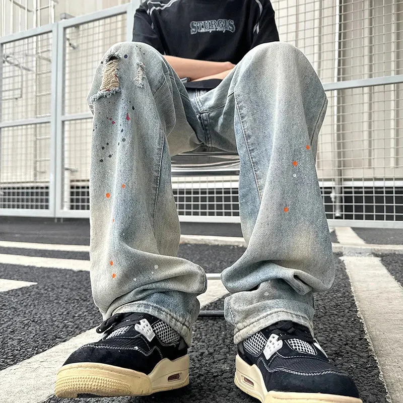 BONSIR  -  New Ripped Jeans Man Pants Colored Paint Dots Long Straight Casual Denim Trousers Fashion Oversized Streetwear Clothing Men