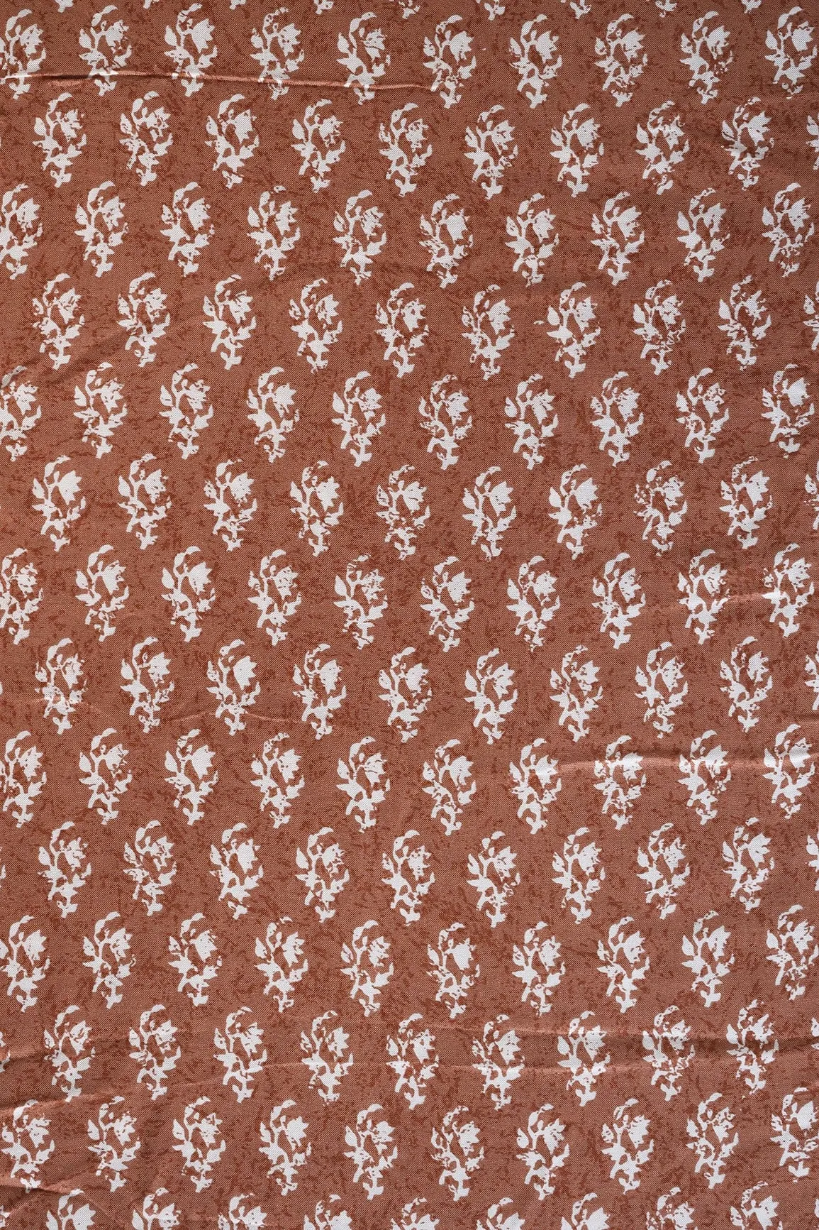 Brown And White Small Floral Pattern Screen Print On Pure Muslin Silk Fabric