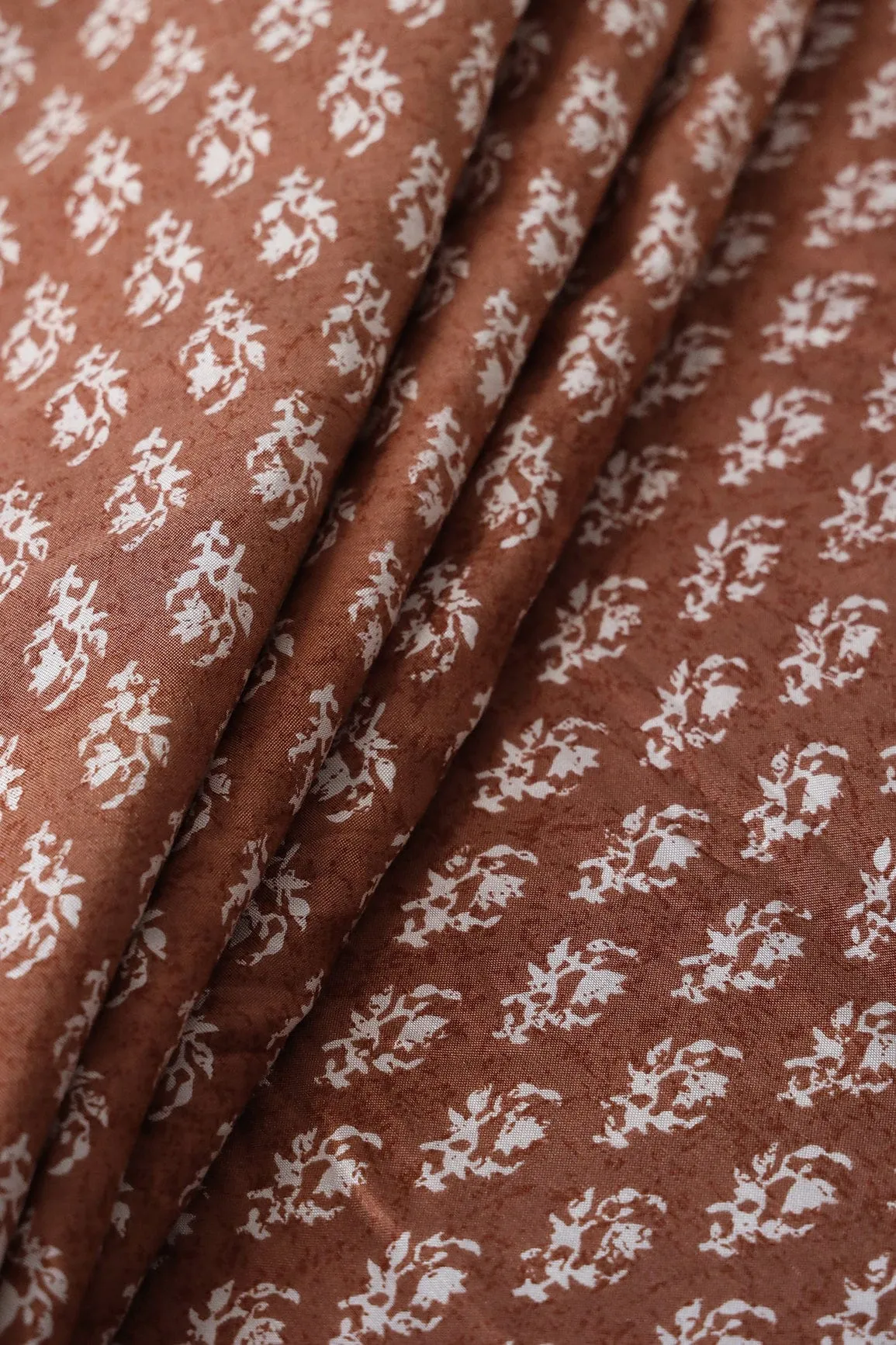 Brown And White Small Floral Pattern Screen Print On Pure Muslin Silk Fabric