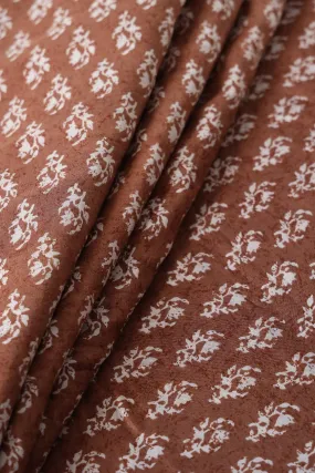 Brown And White Small Floral Pattern Screen Print On Pure Muslin Silk Fabric