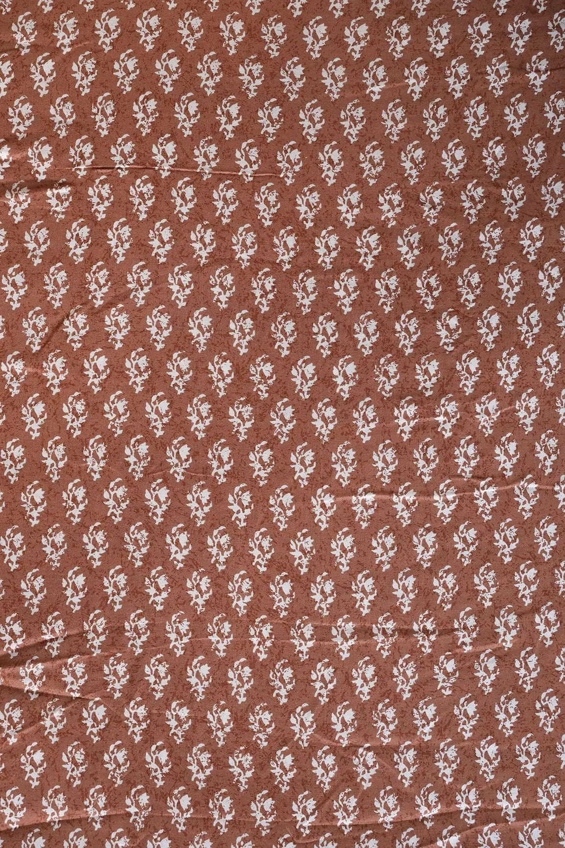 Brown And White Small Floral Pattern Screen Print On Pure Muslin Silk Fabric