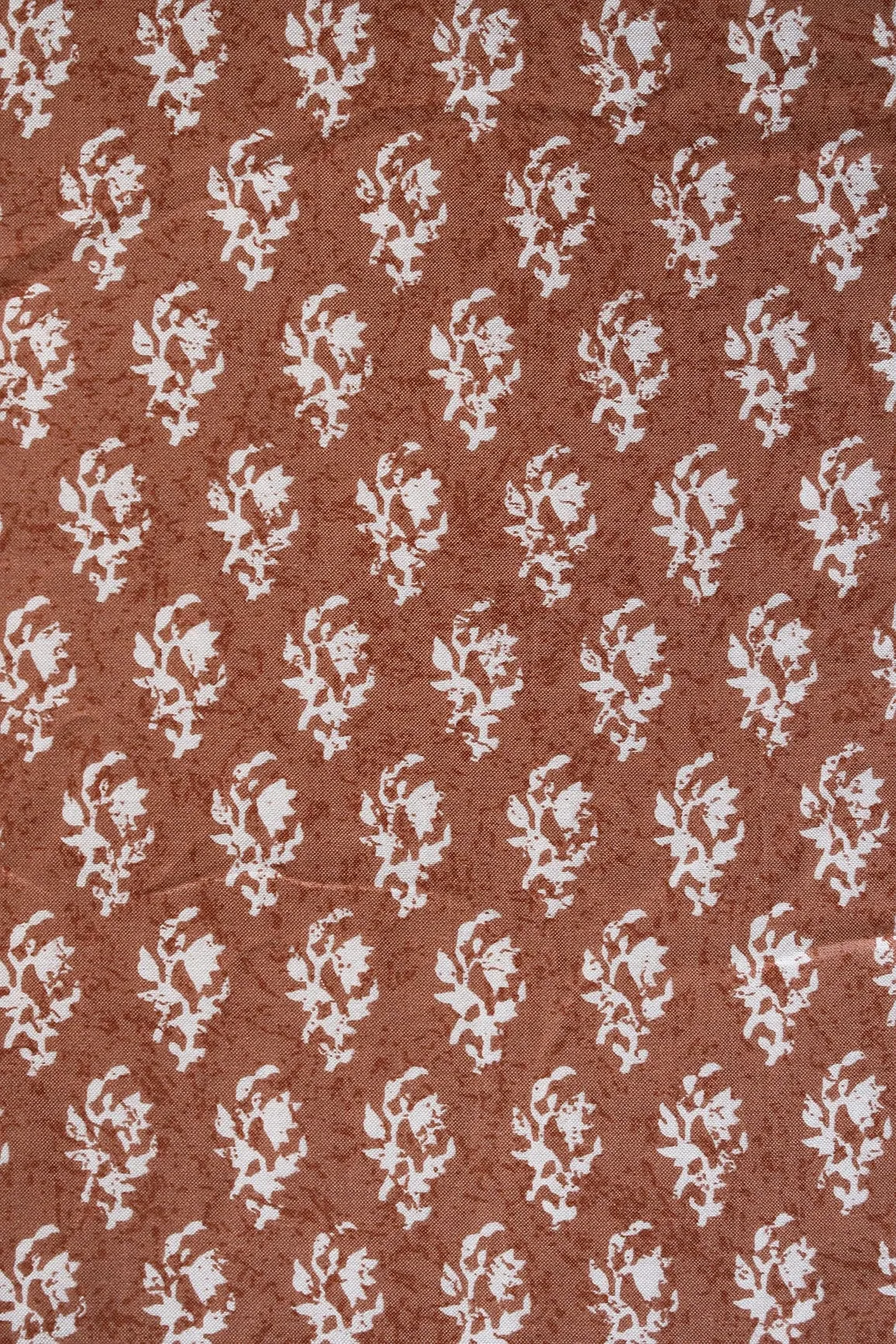 Brown And White Small Floral Pattern Screen Print On Pure Muslin Silk Fabric