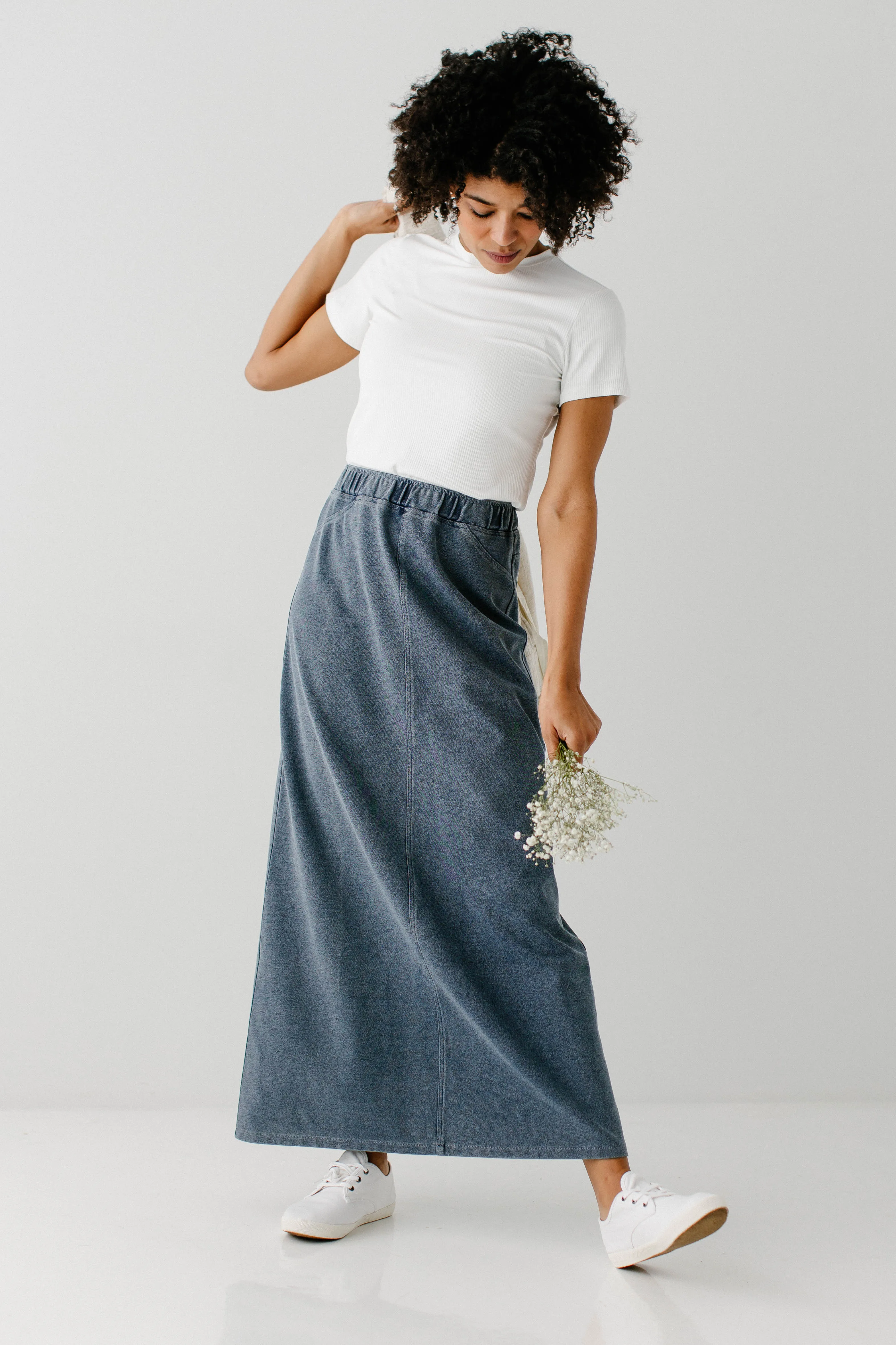 'Caroline' Long Knit Denim Skirt