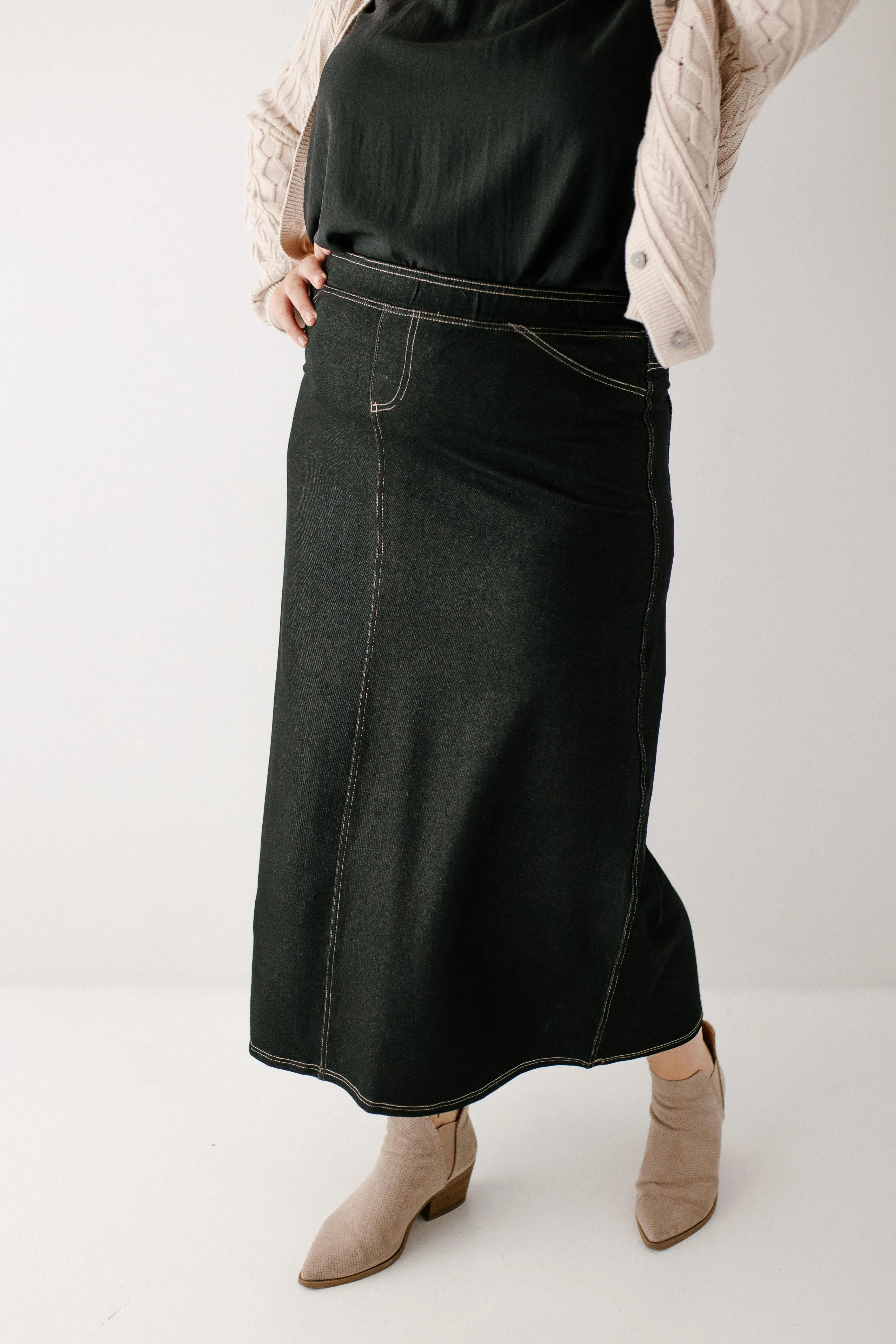 'Caroline' Long Knit Denim Skirt