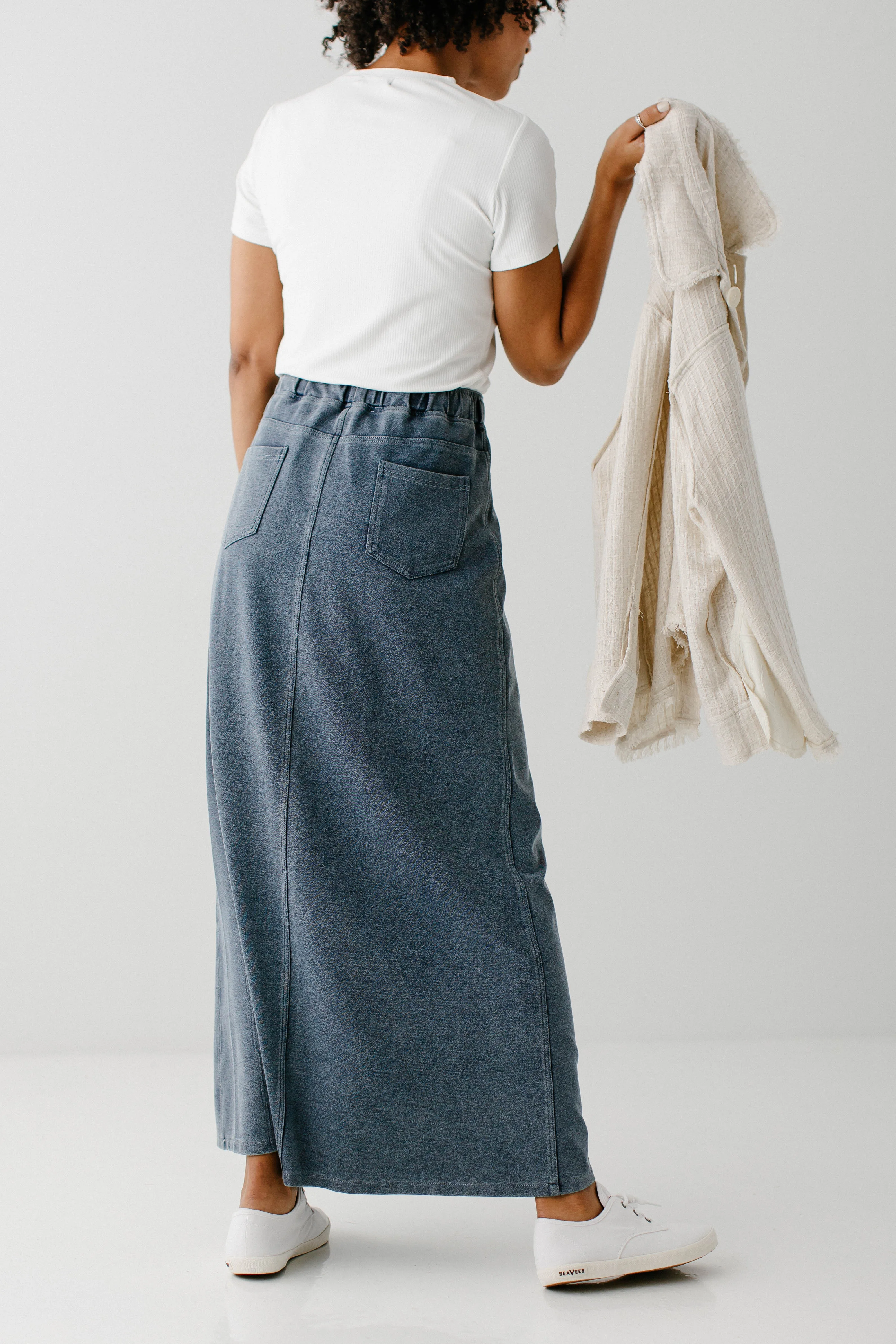 'Caroline' Long Knit Denim Skirt