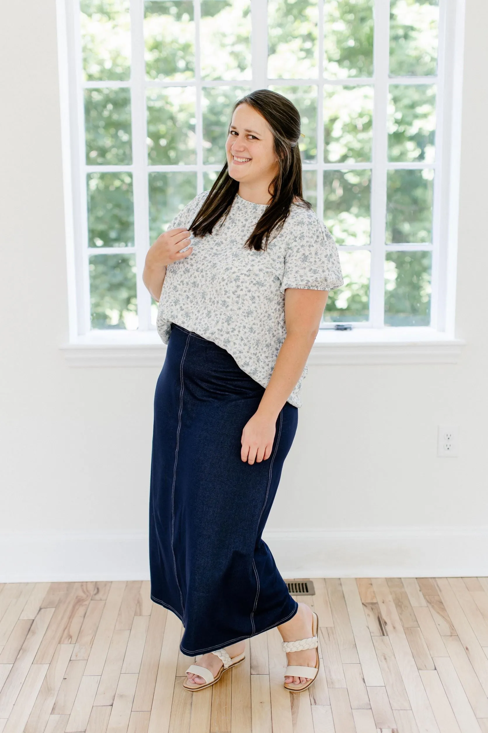 'Caroline' Long Knit Denim Skirt