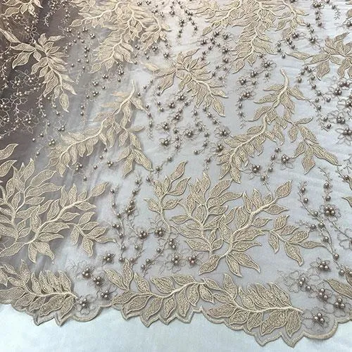 Champagne Mini Flowers Embroidered With Beads Floral Mesh Lace Fabric By The Yard