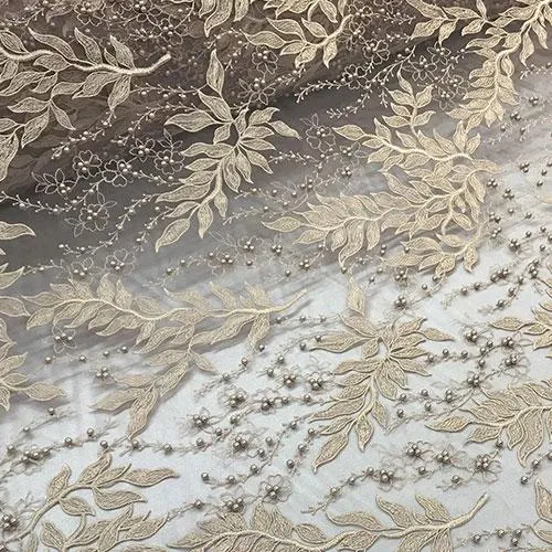 Champagne Mini Flowers Embroidered With Beads Floral Mesh Lace Fabric By The Yard